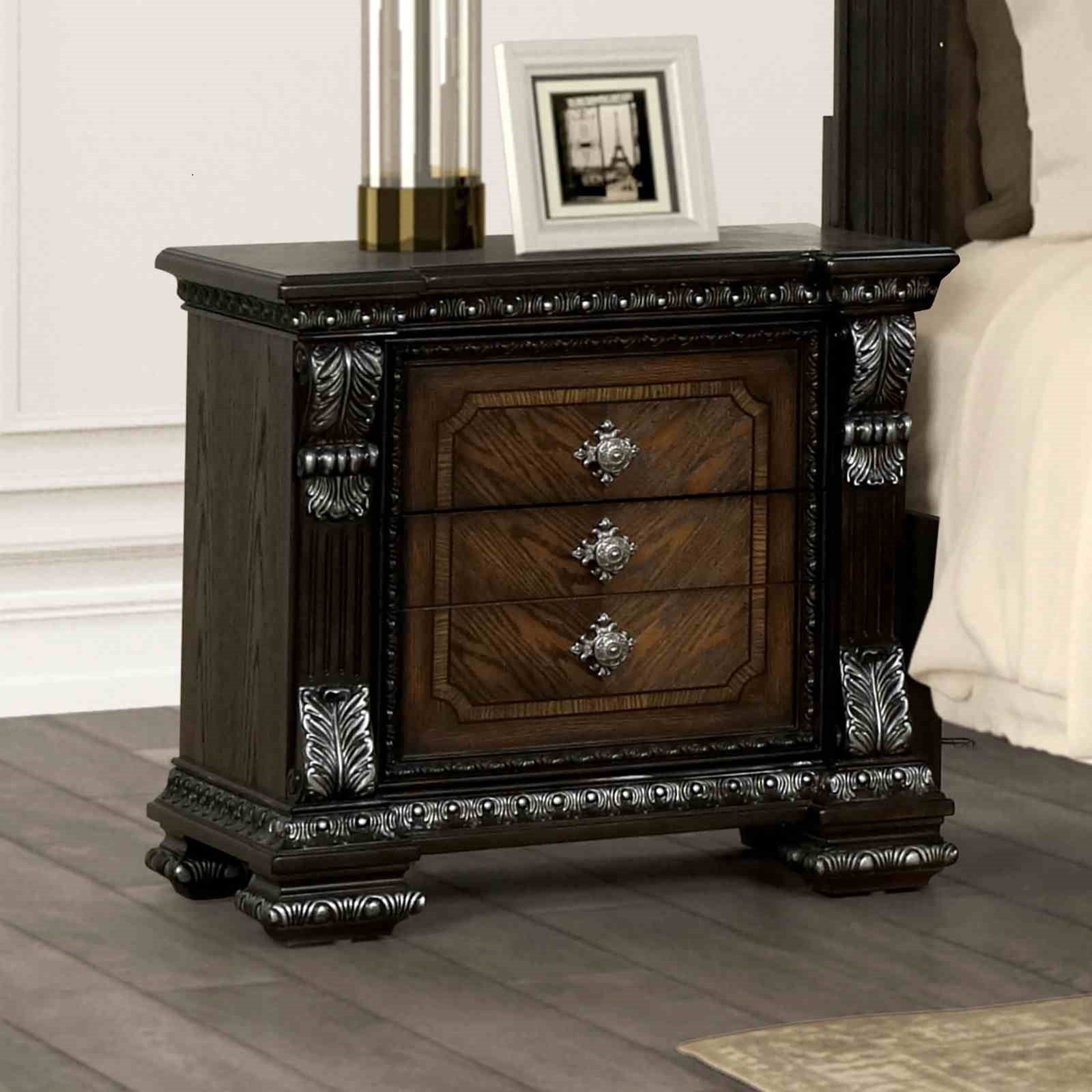 Transitional Nightstand With Usb Port Espresso Finish Ornate Silver Brushed Molding