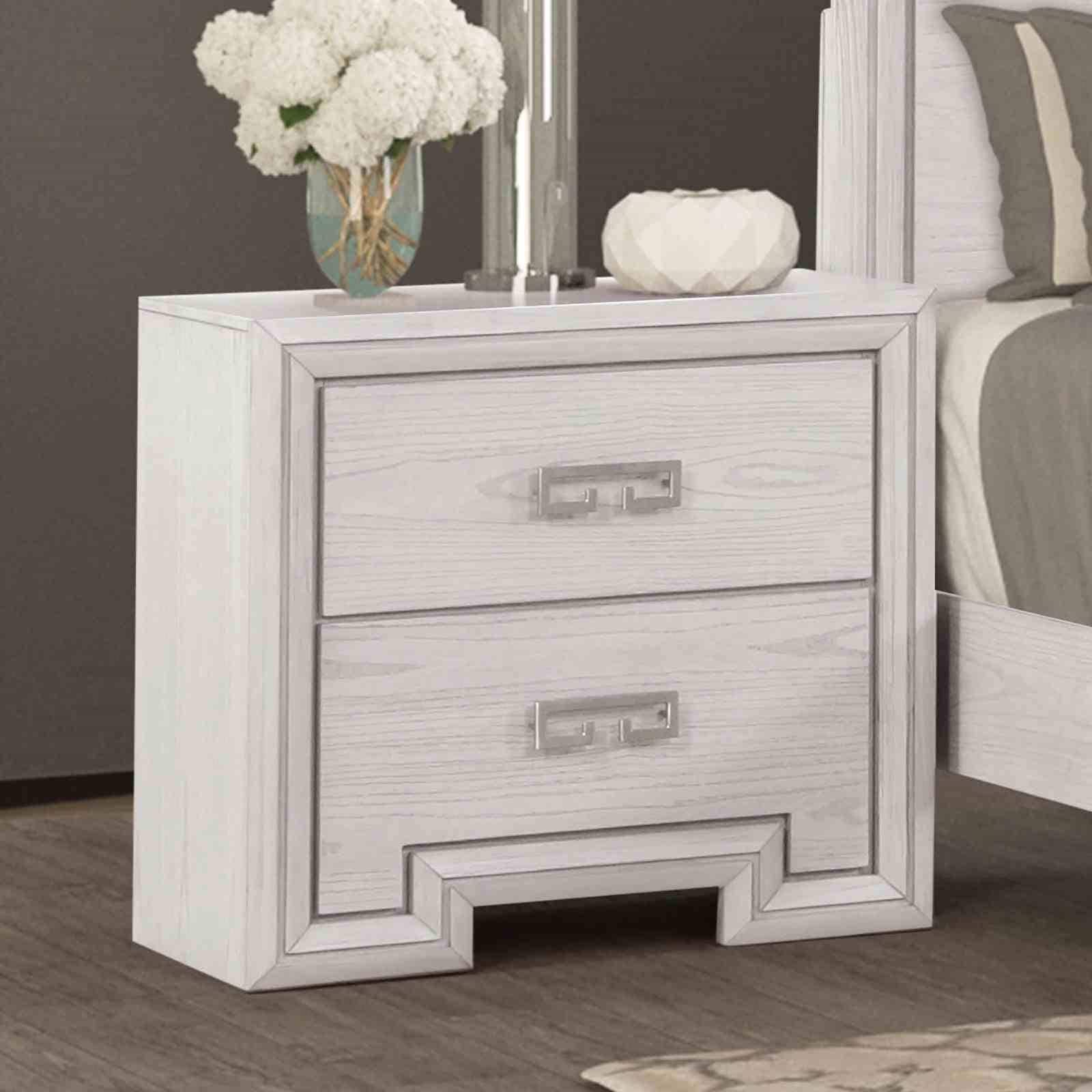 Transitional Nightstand With Usb Port Rustic White Finish Dovetail Drawers