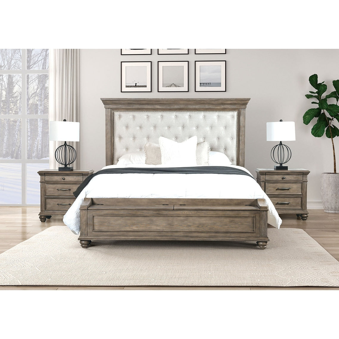 Transitional Oak Finish Storage Bed 2X Nightstands 3Pc Bedroom Set