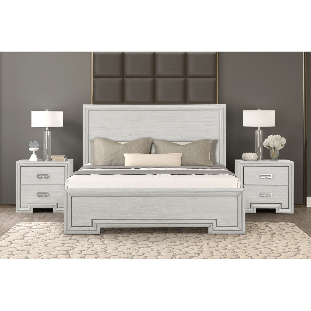 Transitional Off White Finish Bed Two Nightstands W Usb Ports 3Pc Bedroom Set
