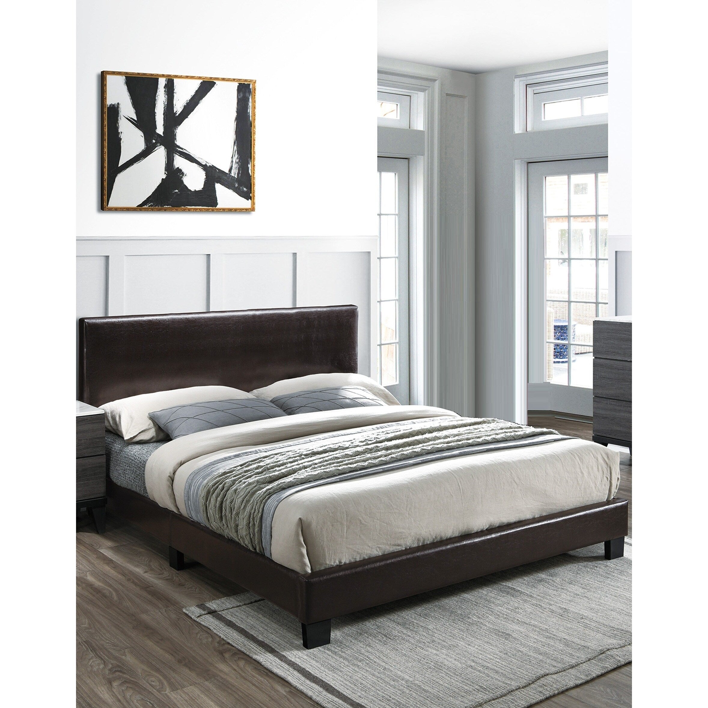 Transitional Style 1Pc Bed Set Brown Finish Rectangle Adjustable Headboard