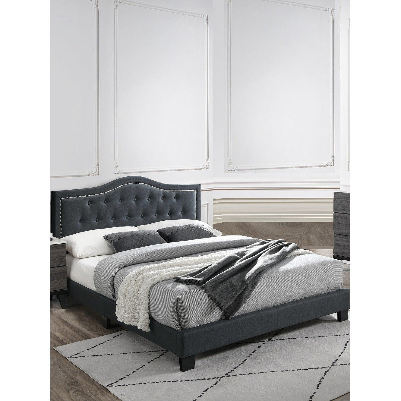Transitional Style 1Pc Bed Set Nail Head Trim Tufted Headboard Charcoal Finish