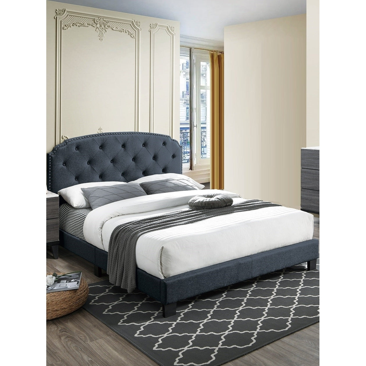 Transitional Style 1Pc Bed Set Tufted Headboard Nailhead Trim Charcoal Finish
