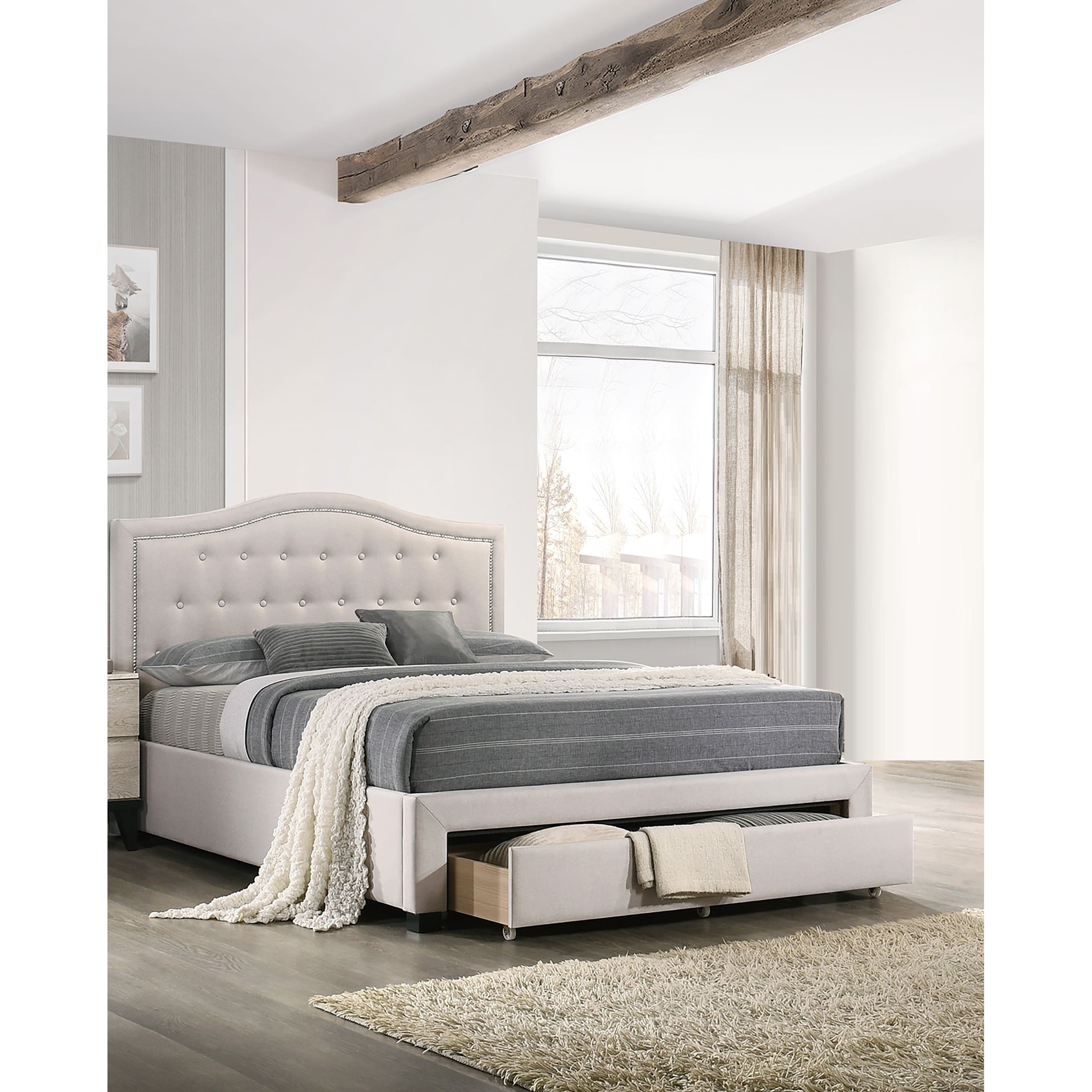Transitional Style 1Pc Bed Set Upholstered Bed Underbed Drawer Light Brown Finish