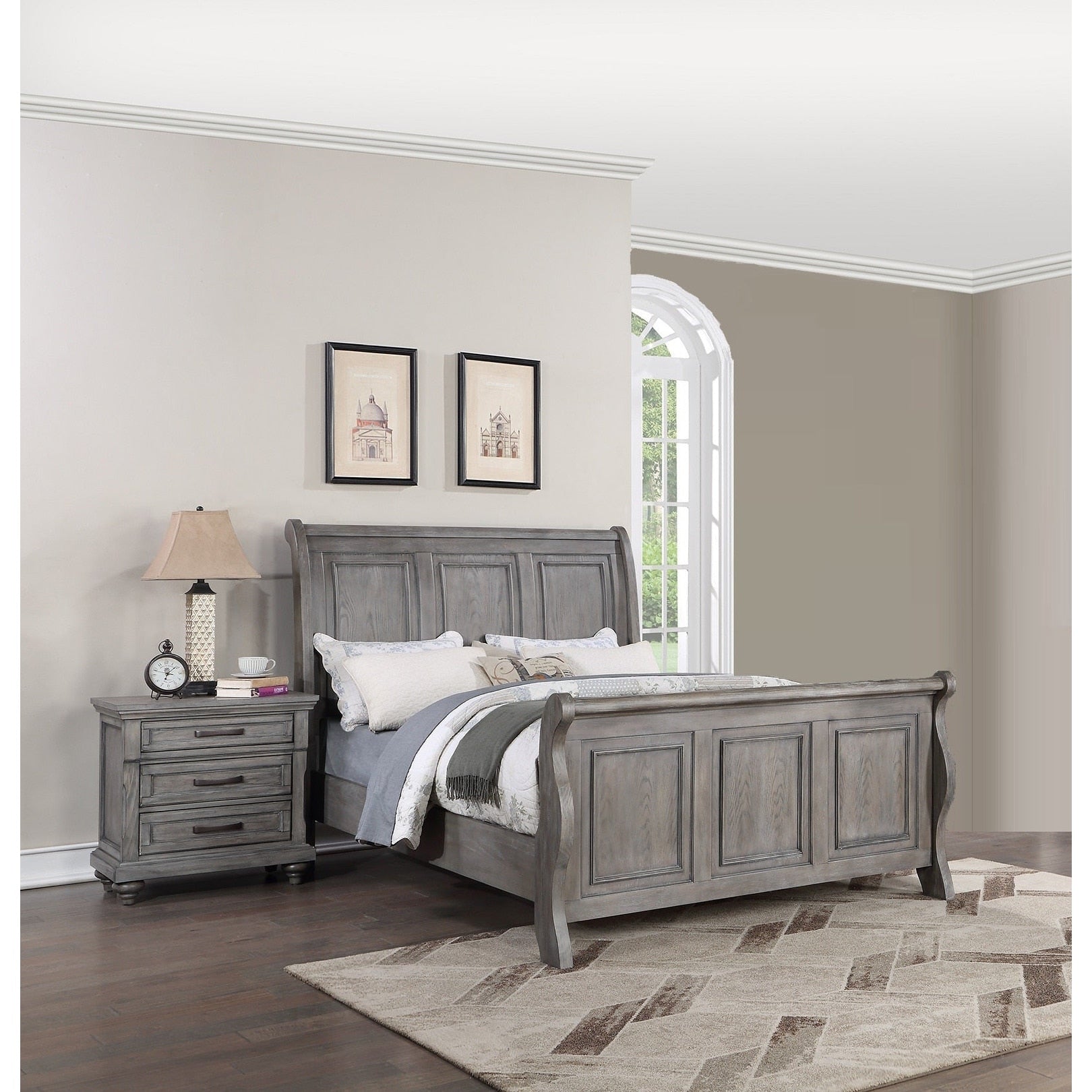 Transitional Style 3Pc 2X Nightstand Set Bun Feet Metal Handles Light Gray Finish