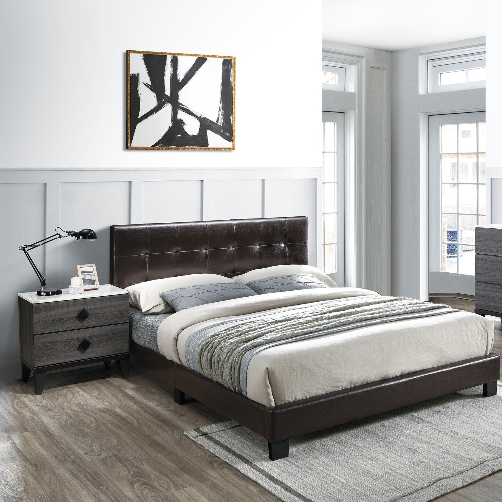 Transitional Style 3Pc Bed 2X Nightstand Set Diamond Handles Tapered Legs Brown Finish