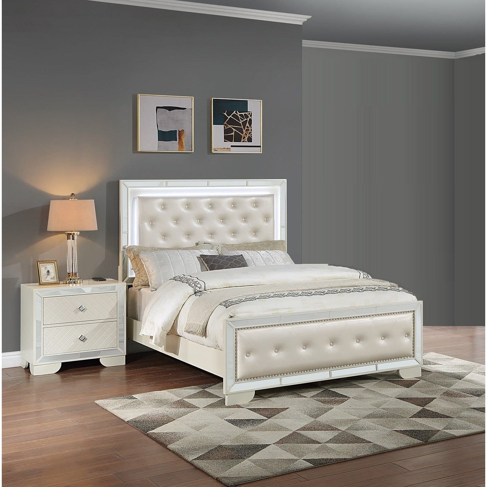 Transitional Style 3Pc Bed 2X Nightstand Set Led Light Headboard Diamond Knobs Handles Cream Finish Bedroom Furniture