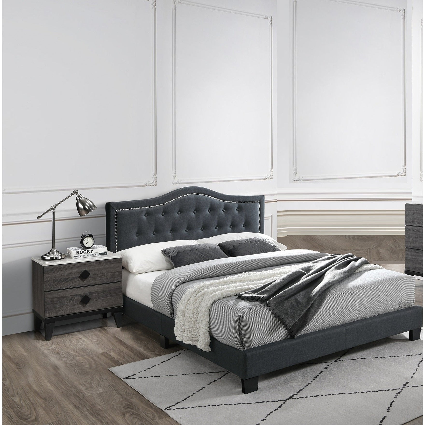 Transitional Style 3Pc Bed 2X Nightstand Set Nailhead Trim Marble Top Charcoal Finish