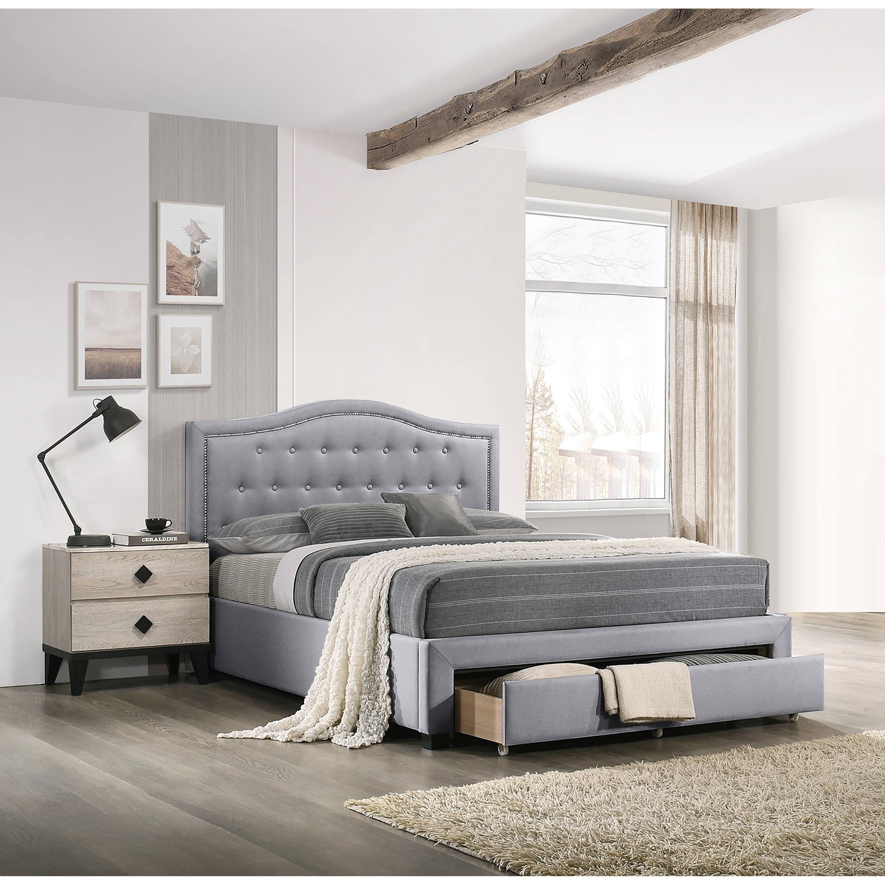 Transitional Style 3Pc Bed 2X Nightstand Set Underbed Drawer Narble Top Charcoal