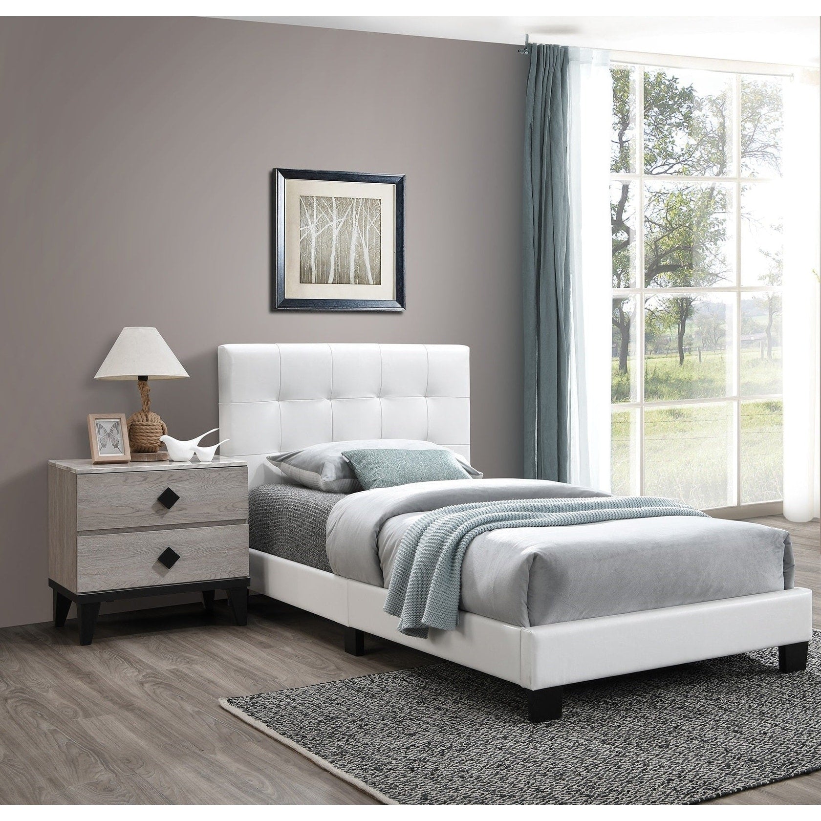 Transitional Style 3Pc Set Bed 2X Nightstand Adjustable Headboard White