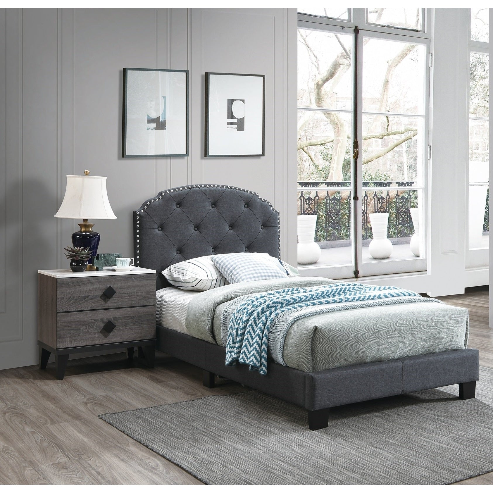 Transitional Style 3Pc Set Bed 2X Nightstand Faux Marble Top Charcoal Finish