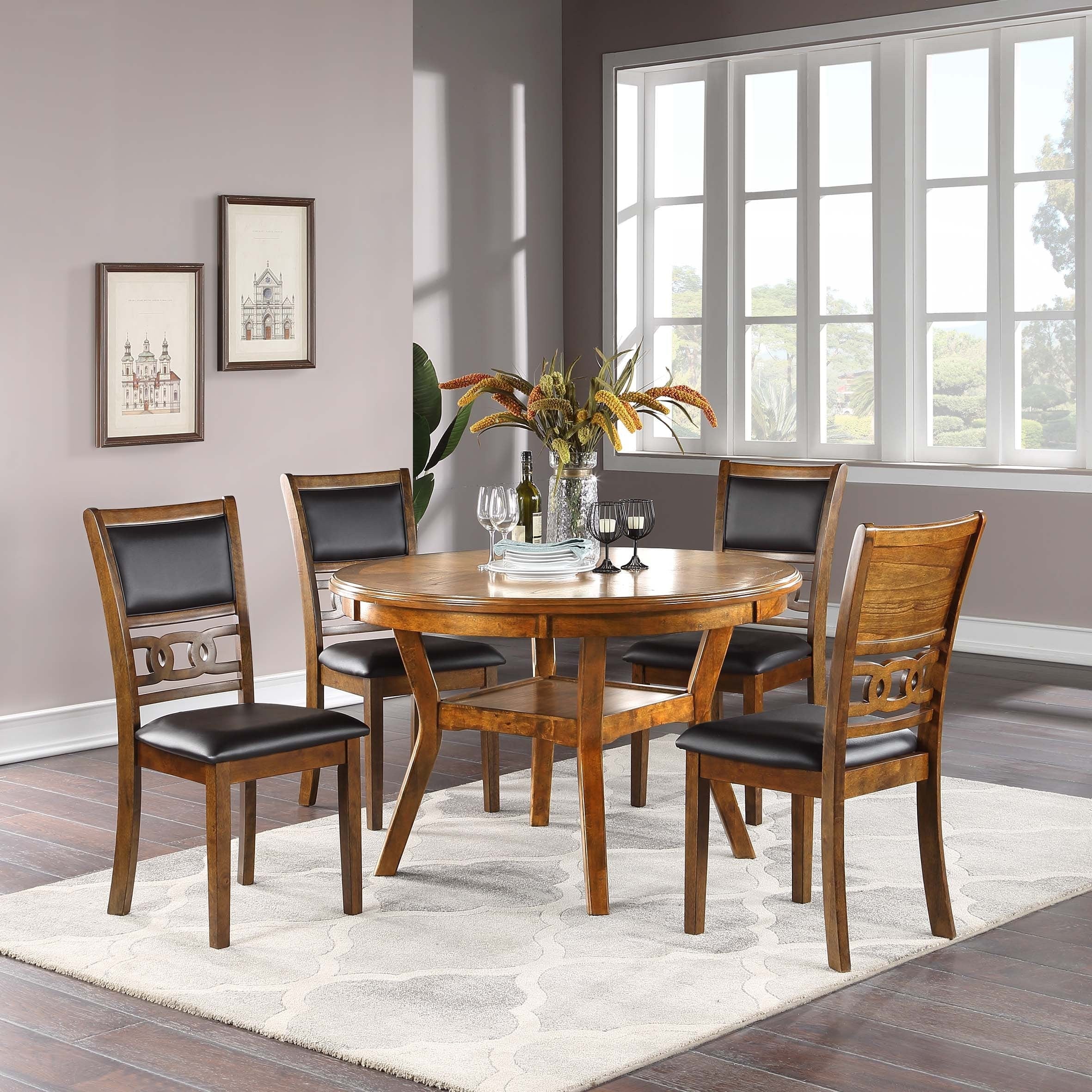 Transitional Style 5Pc Dining Set Walnut Finish Open Under Table Shelf