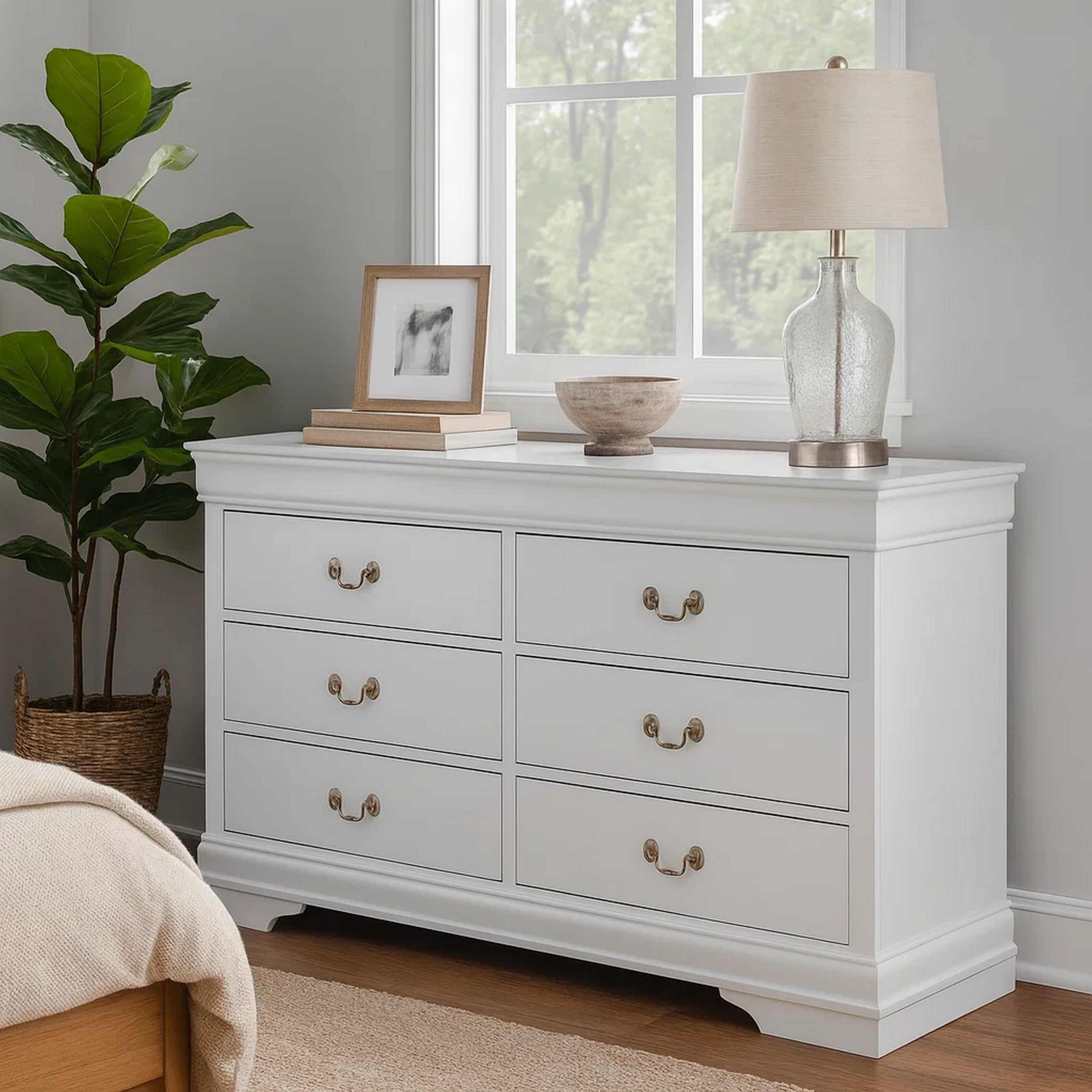 Transitional Style 6 Drawer Dresser With Metal Pulls White