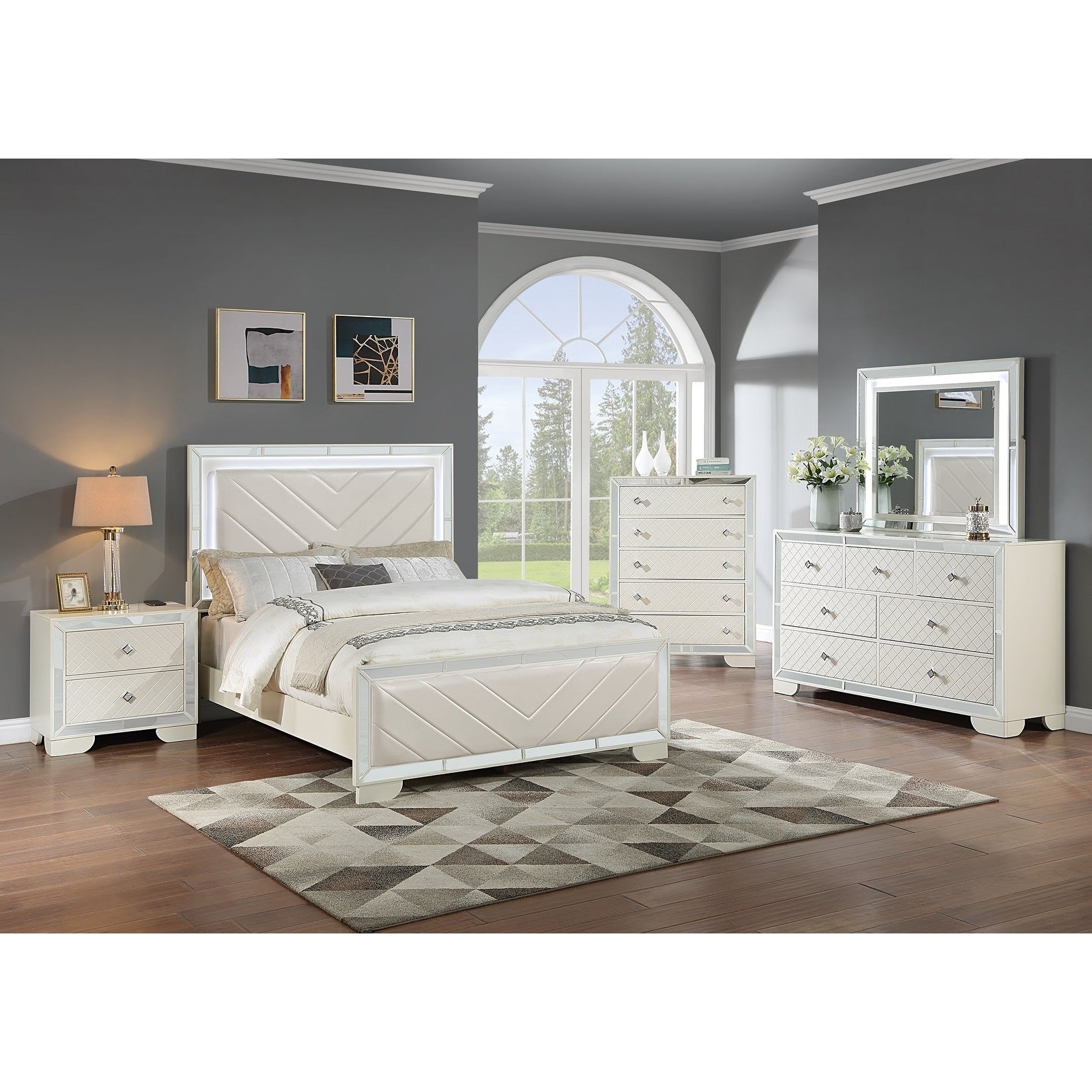 Transitional Style Bed Dresser Mirror Nightstand And Chest Set Led Light Headboard Diamond Knob Cream Finish Bedroom Furniture