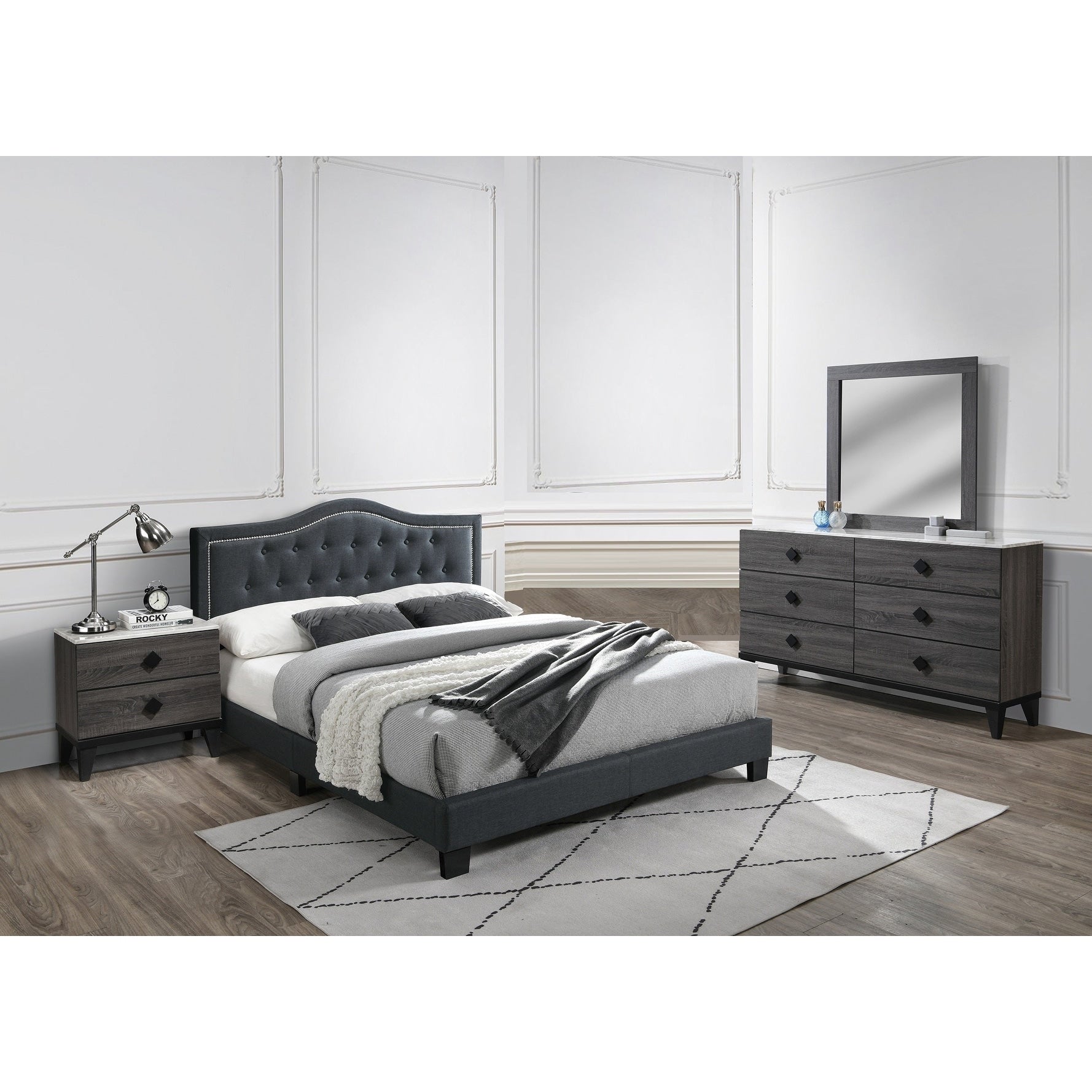 Transitional Style Bed Set Charcoal Finish Faux Marble Top Diamond Knobs