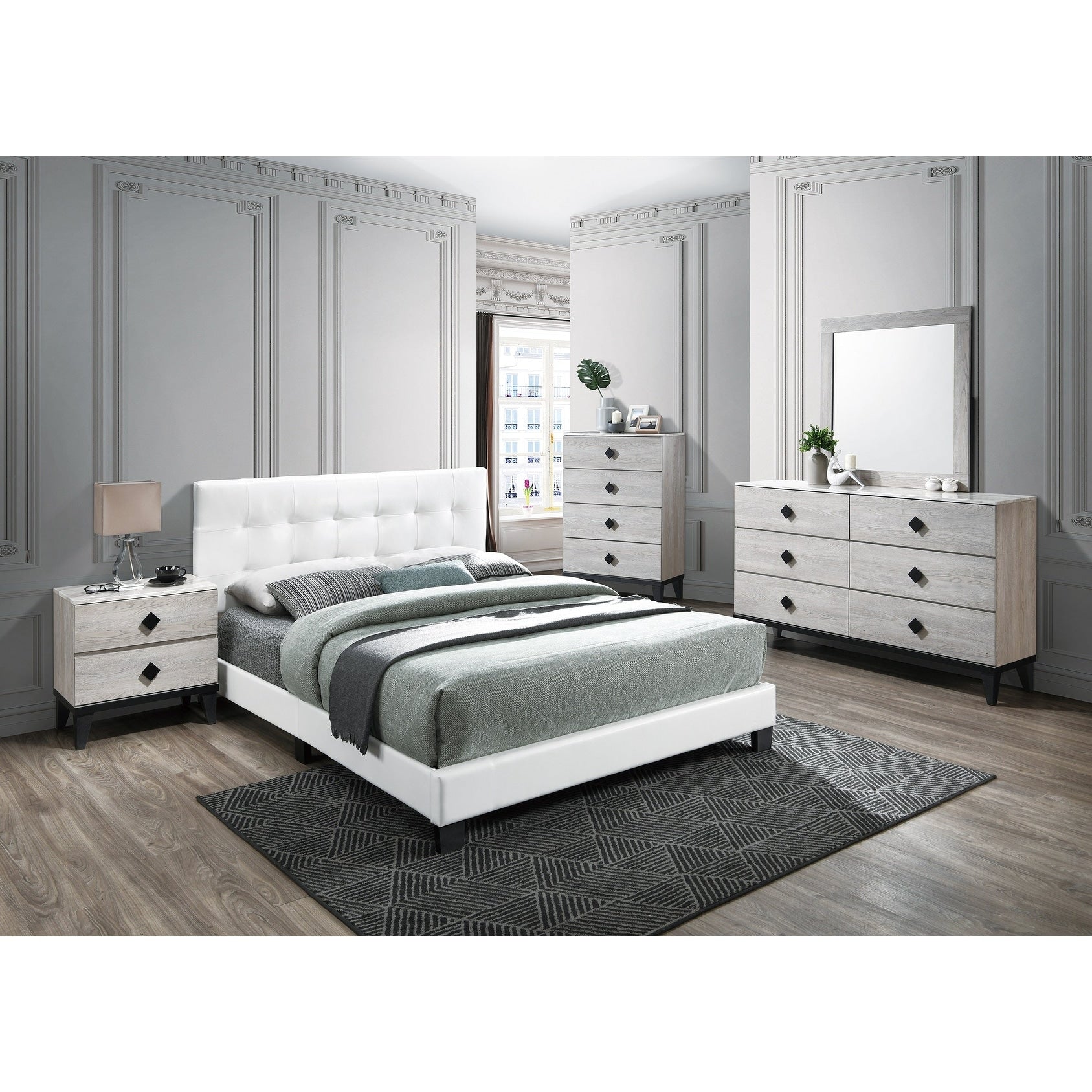 Transitional Style Bed Set Tufted Adjustable Headboard White Finish
