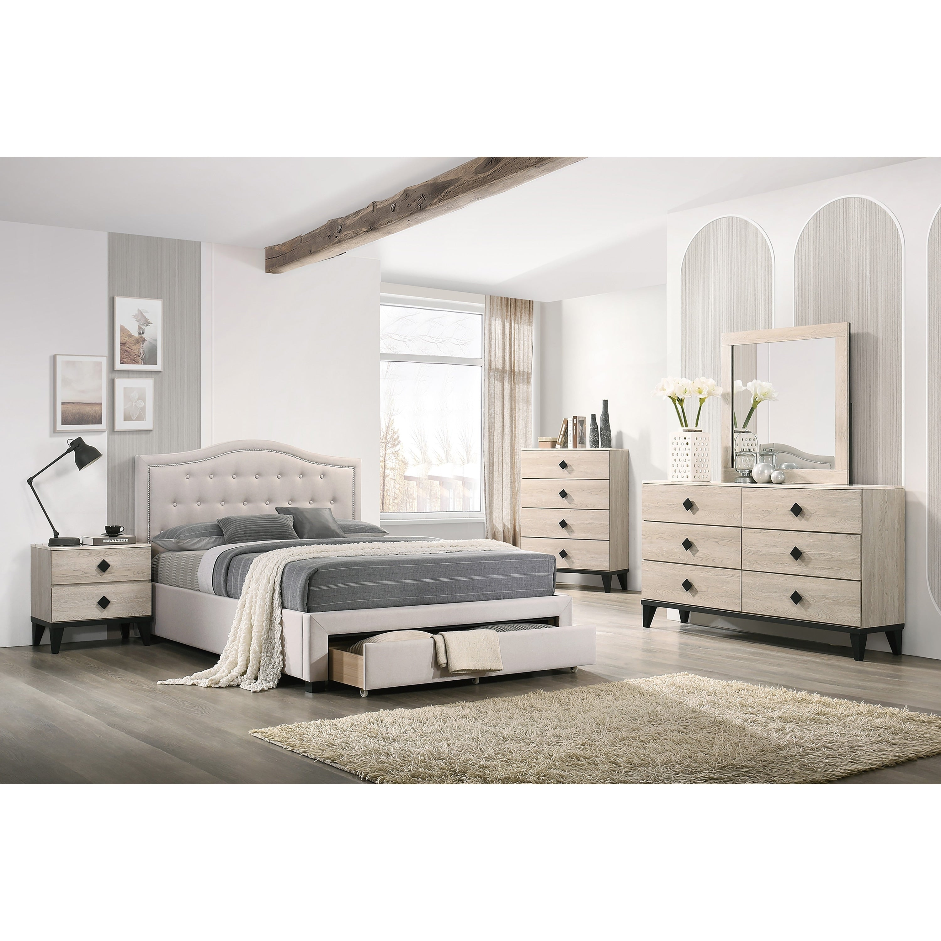 Transitional Style Bed Set Upholstered Bed Button Tufted Headboard Light Brown Finish