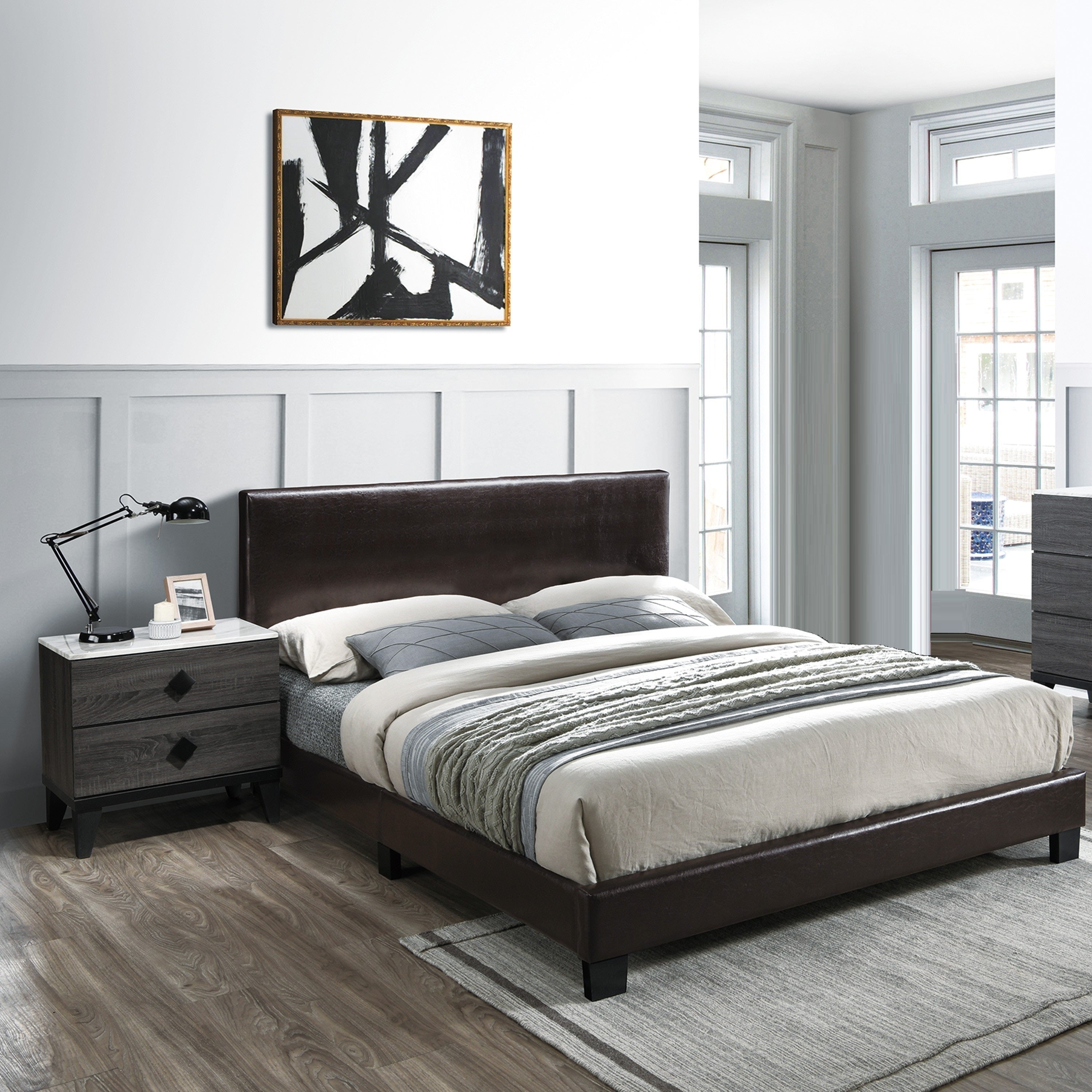Transitional Style Brown Finish 3Pc Bed 2X Nightstand Set Adustable Headboard
