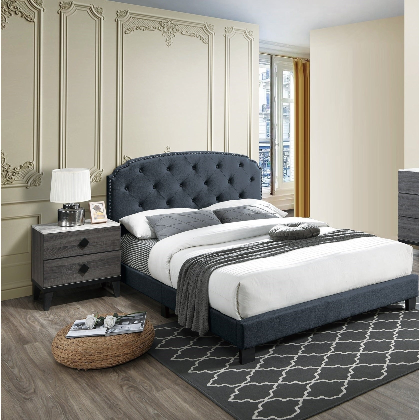 Transitional Style Charcoal Finish 3Pc Bed 2X Nightstand Set Diamond Knobs
