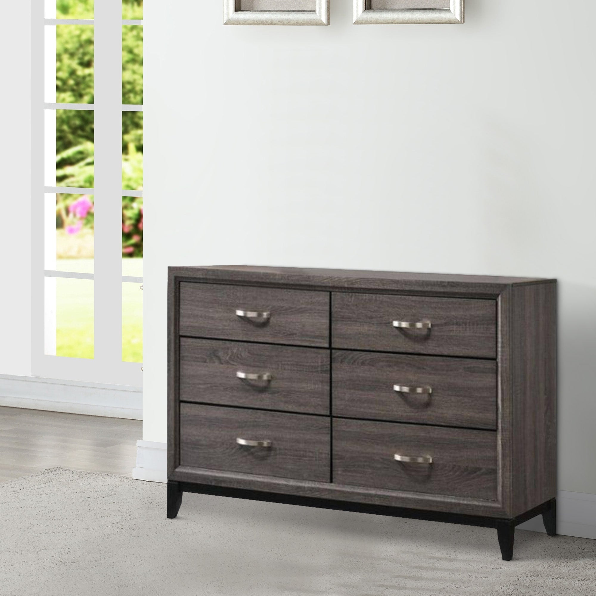 Transitional Style Dresser With 6 Drawers And Metal Pulls Gray And Black