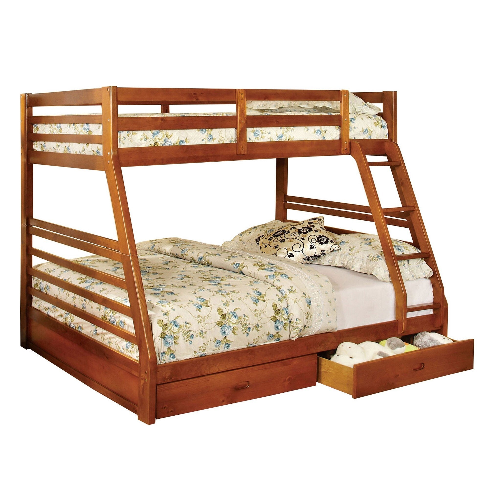 Transitional Style Twin Over Full Bunk Bed With Drawers Oak Brown