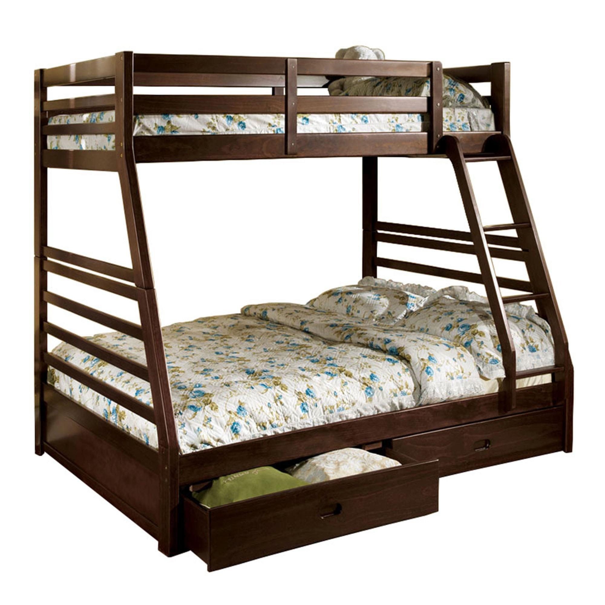 Transitional Style Twin Over Full Bunk Bed With Drawers Walnut Brown