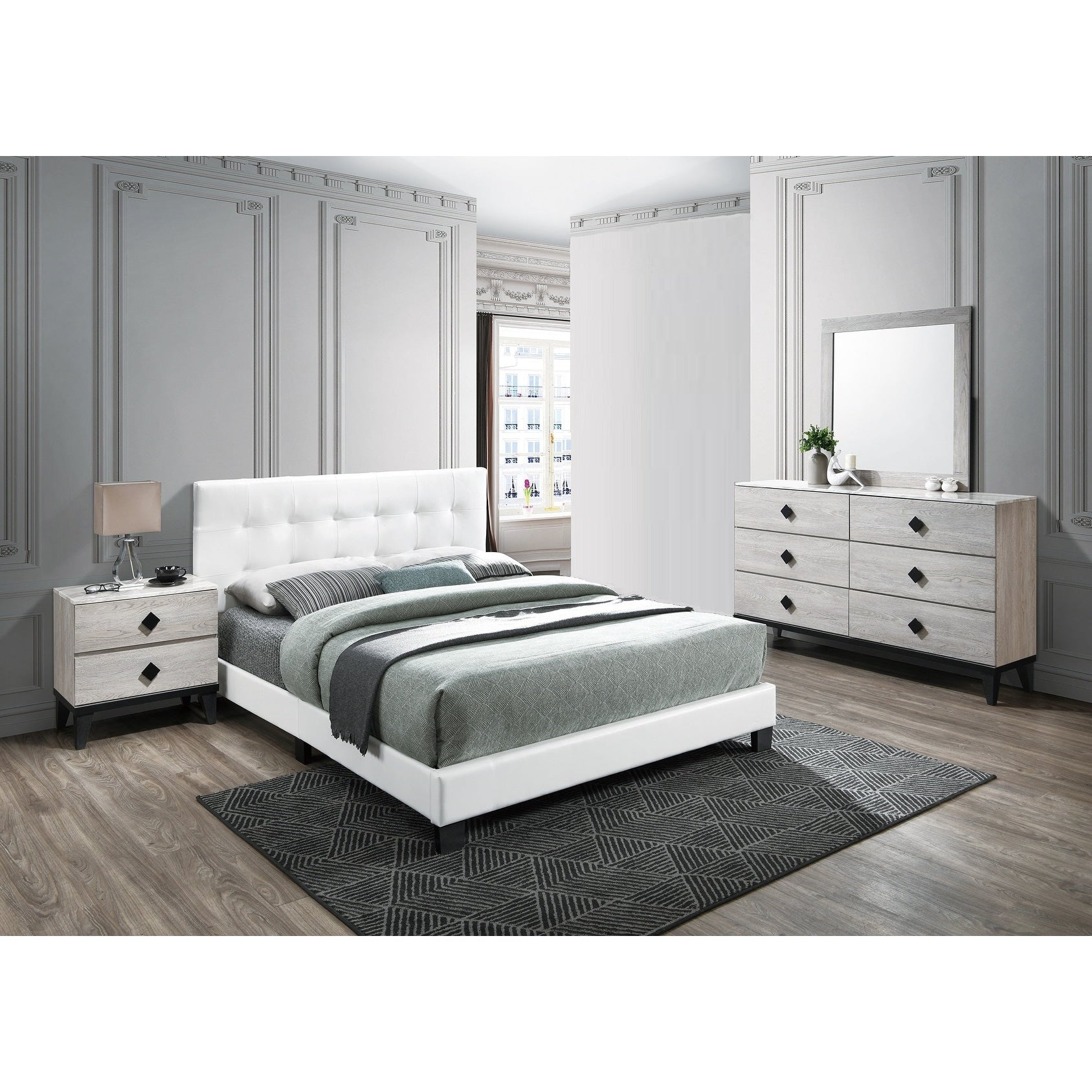 Transitional Style White Finish Bed Set Tapered Legs Diamond Knobs