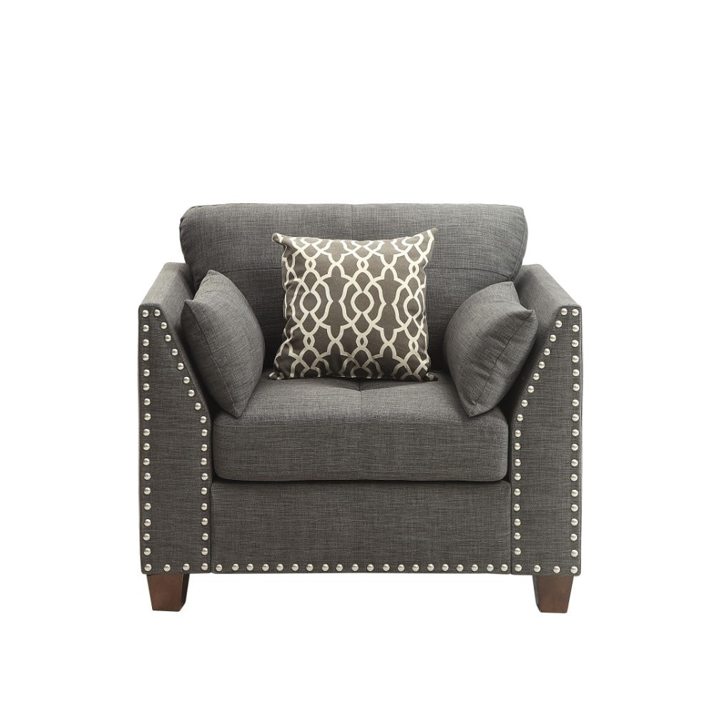 Transitional Style Wood And Linen Chair With 3 Pillows Gray