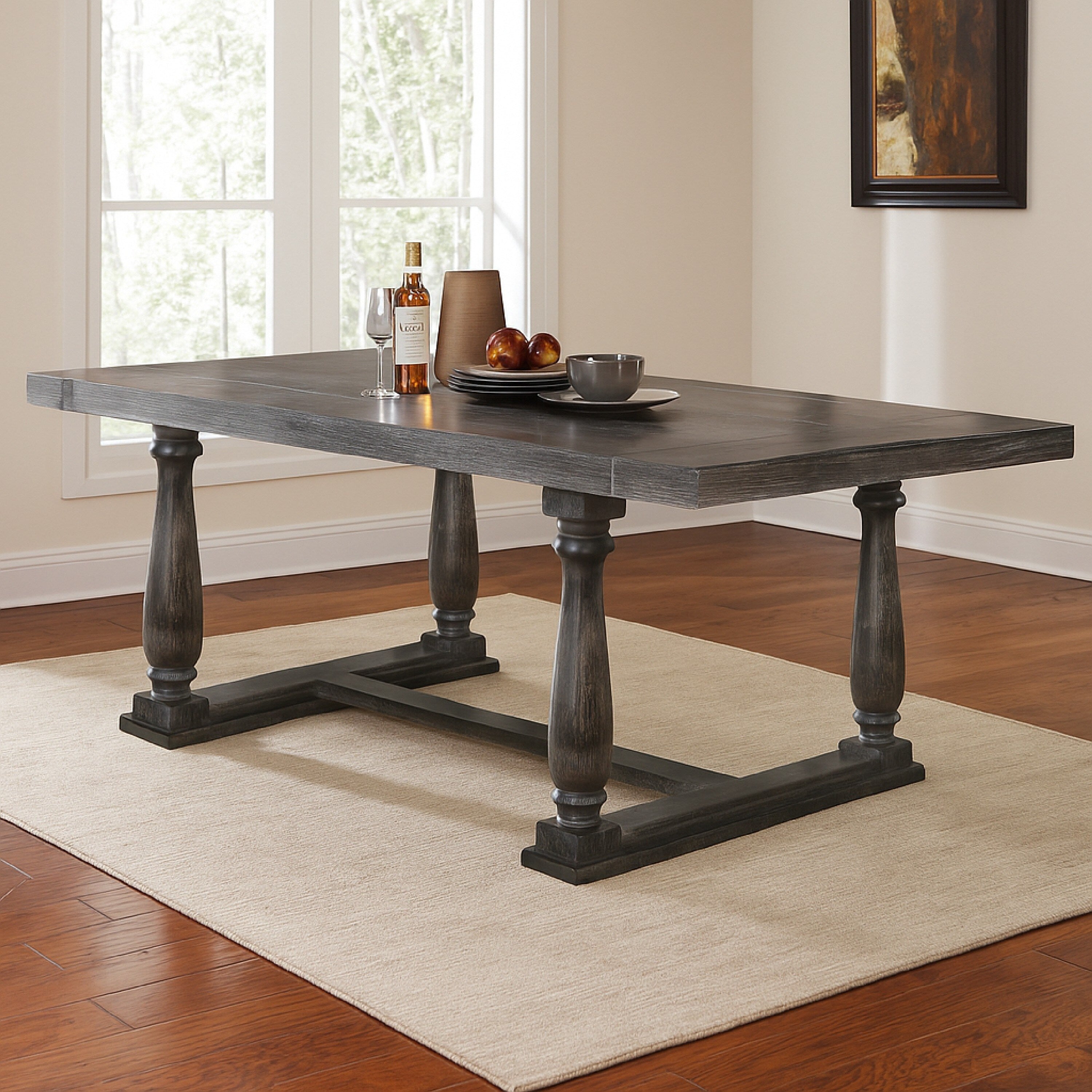 Transitional Style Wooden Dining Table With Trestle Base Gray