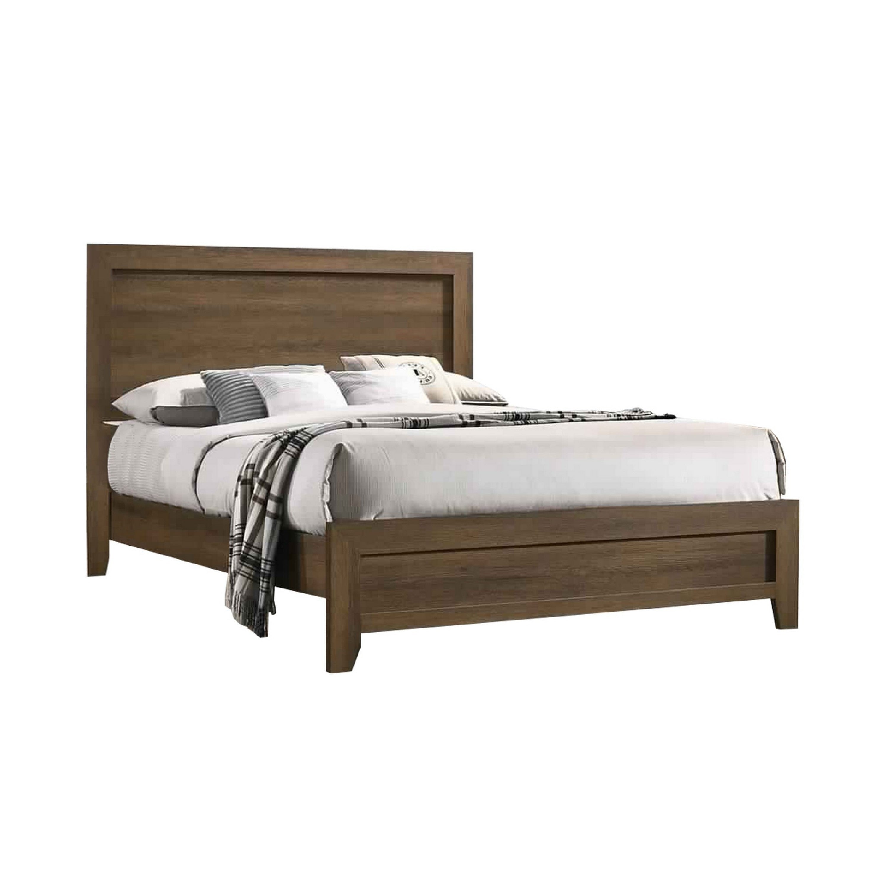Transitional Style Wooden Eastern King Bed With Raised Molding Trim Brown