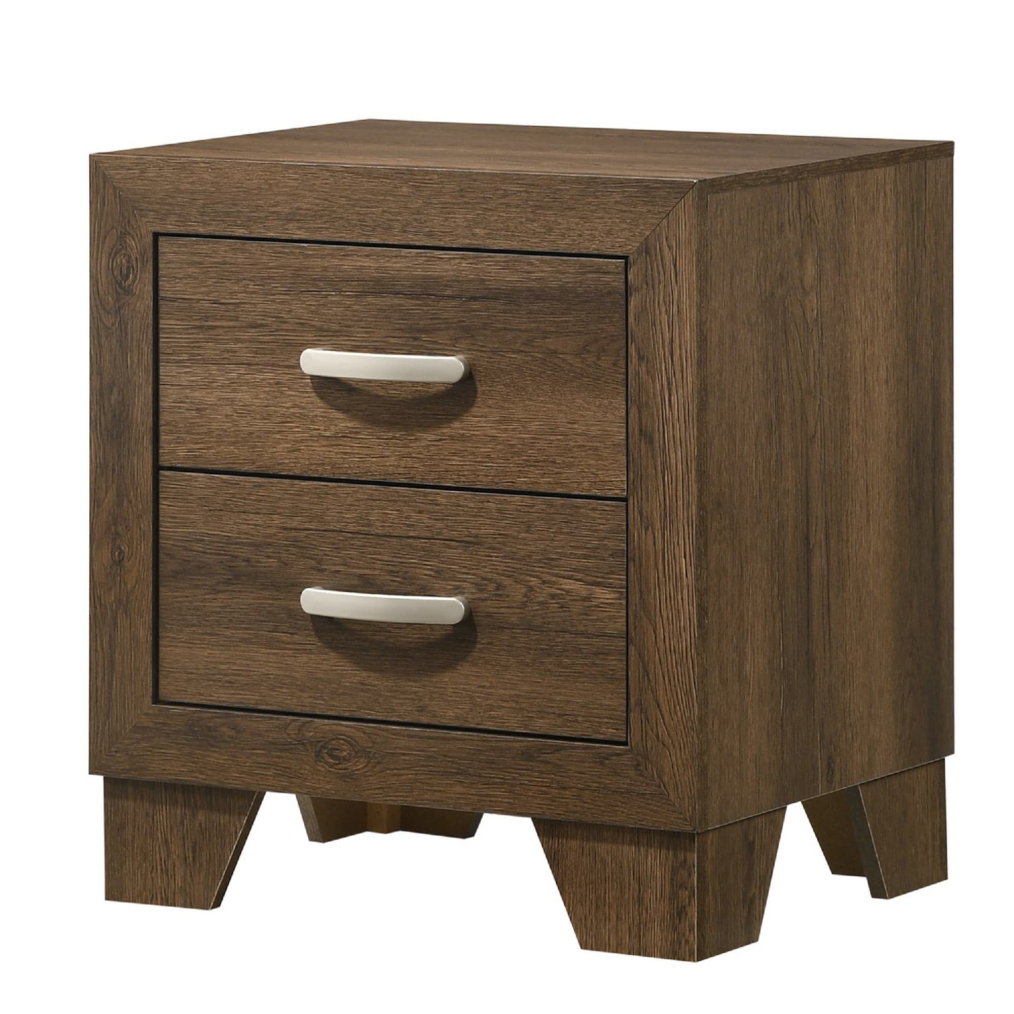 Transitional Style Wooden Nightstand With 2 Drawers And Metal Handles Brown