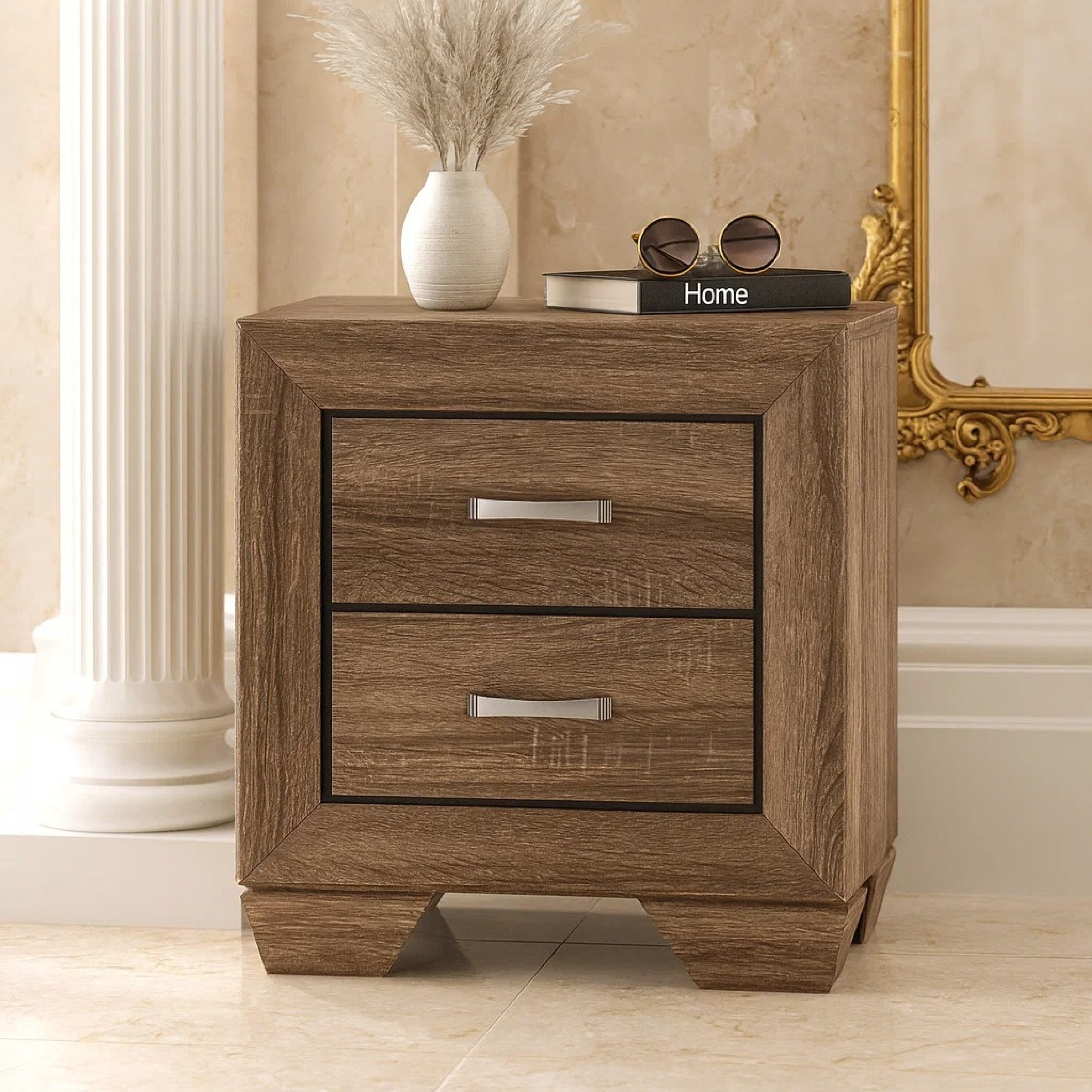 Transitional Style Wooden Nightstand With Two Drawers And Tapered Feet Brown