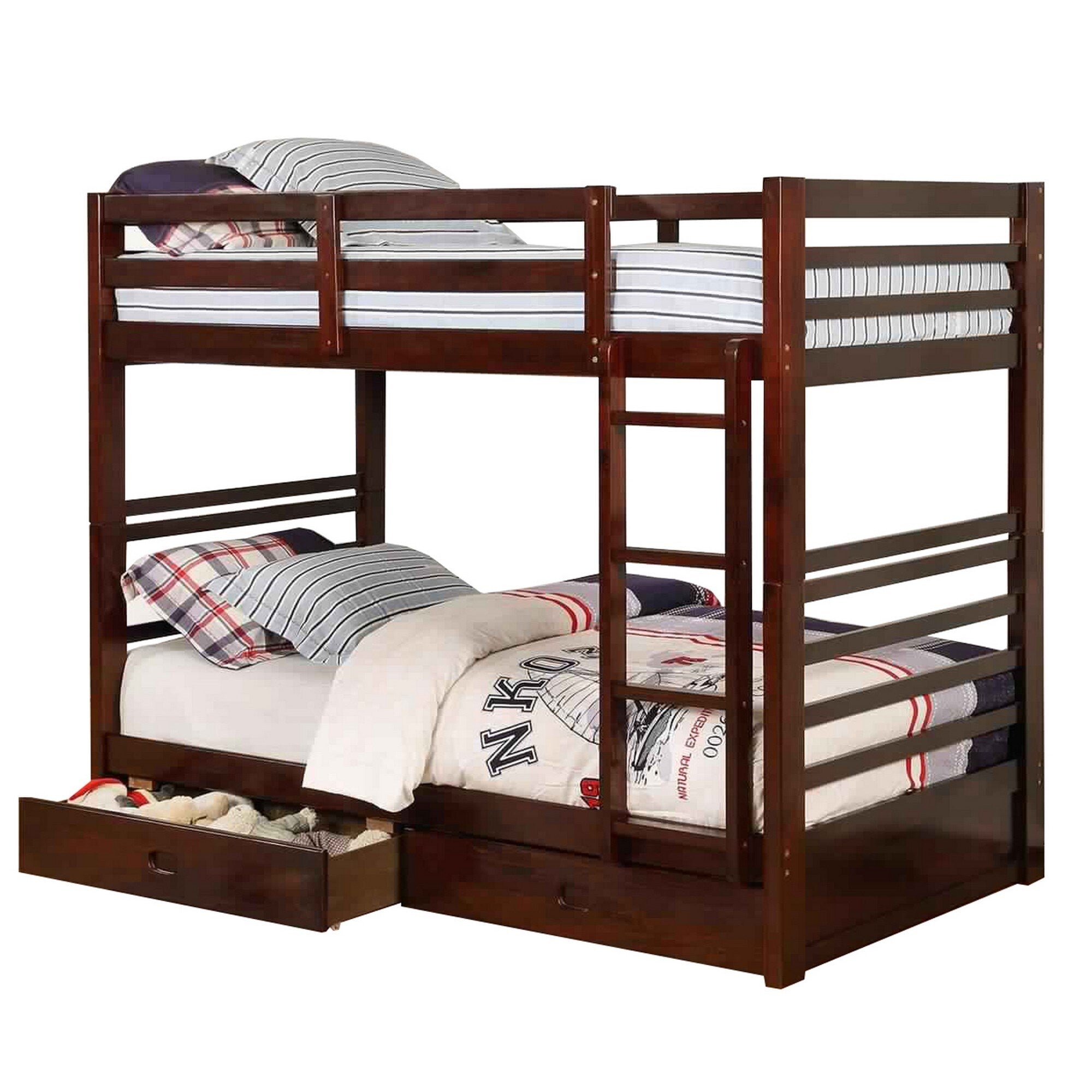 Transitional Twin Over Twin Bed With Attached Ladder And Drawers Brown