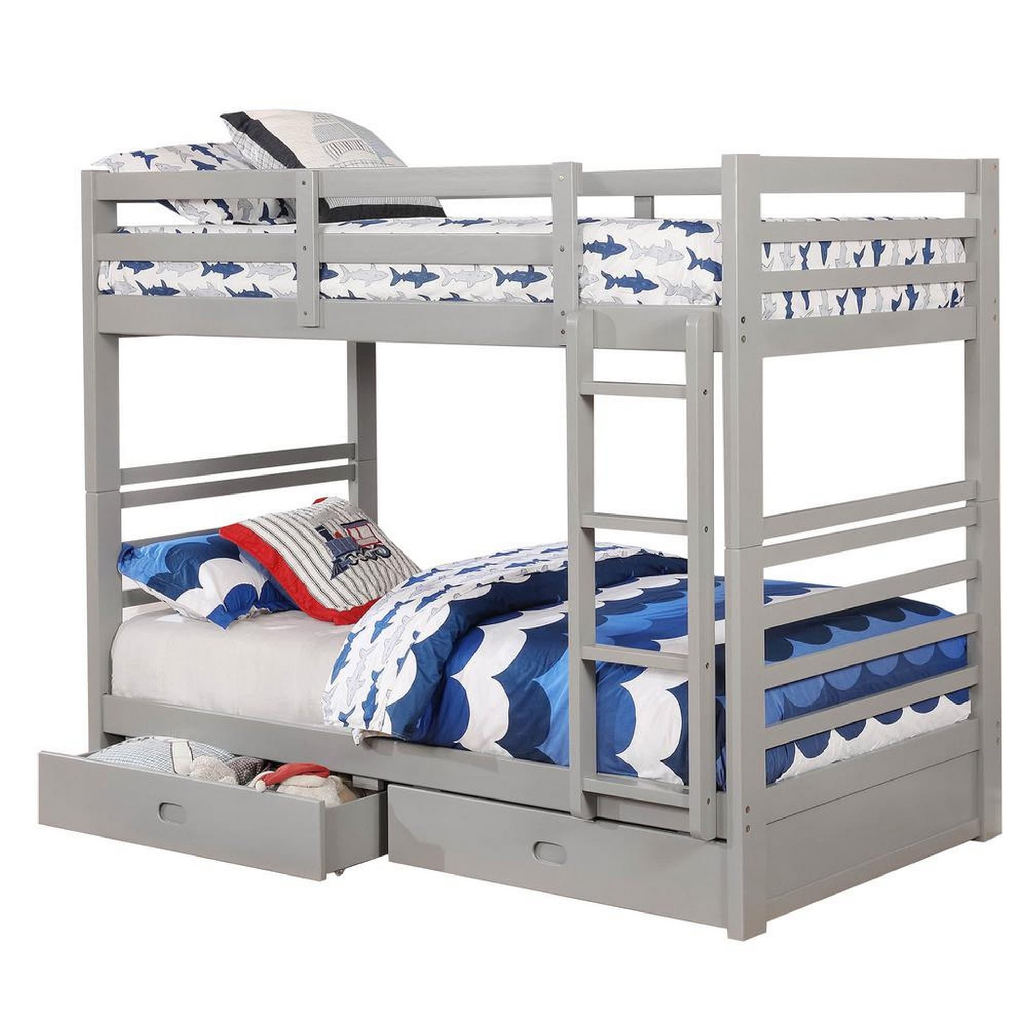 Transitional Twin Over Twin Bed With Attached Ladder And Drawers Gray
