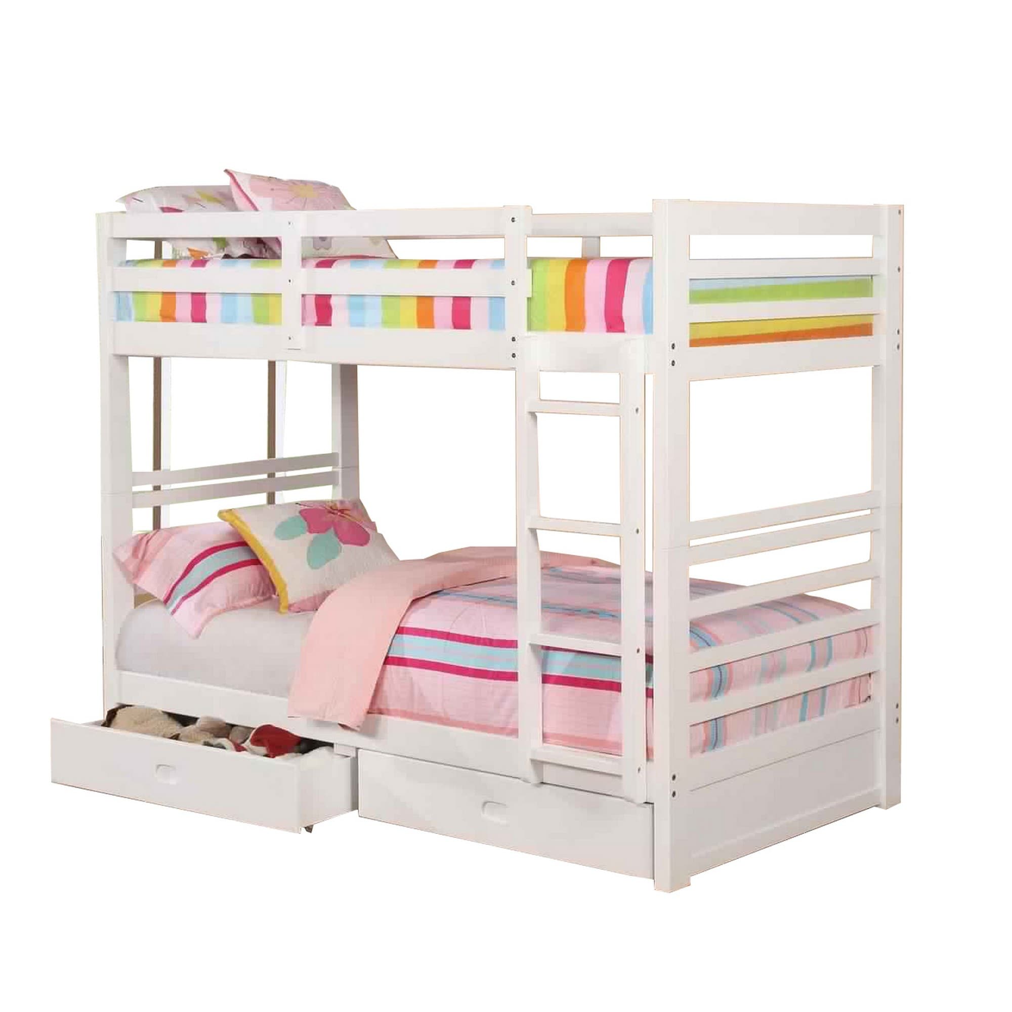 Transitional Twin Over Twin Bed With Attached Ladder And Drawers White