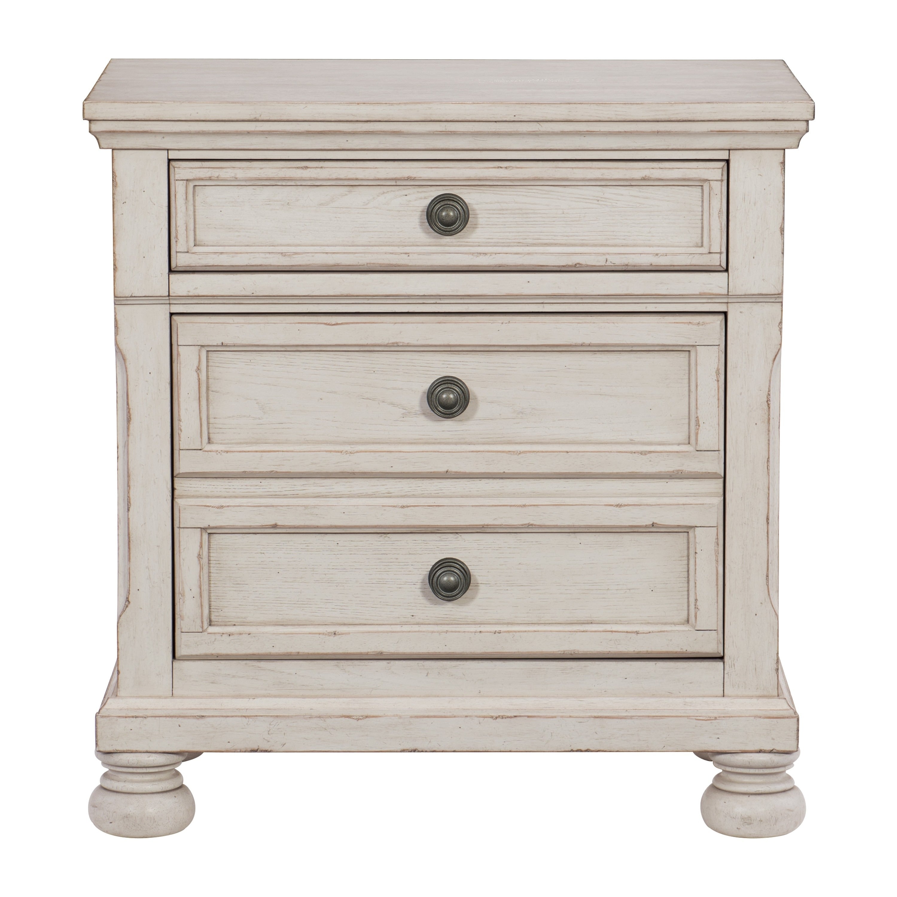 Transitional Wire Brushed White Nightstand Hidden Drawer Bun Feet Classic Style