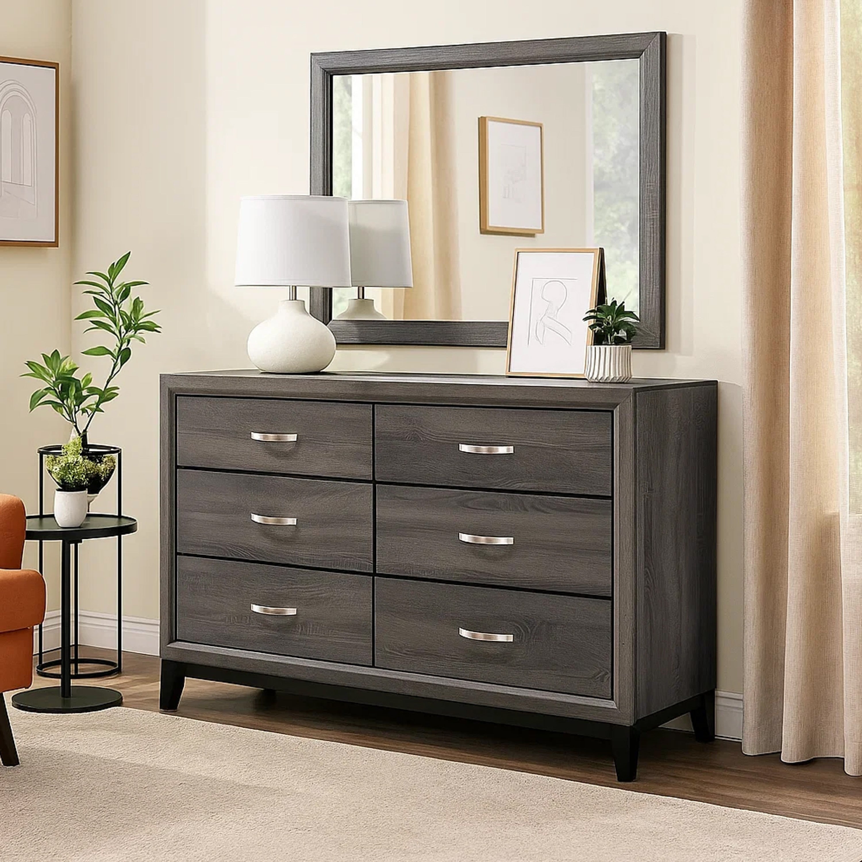Transitional Wooden Dresser With 6 Spacious Drawers Gray And Black
