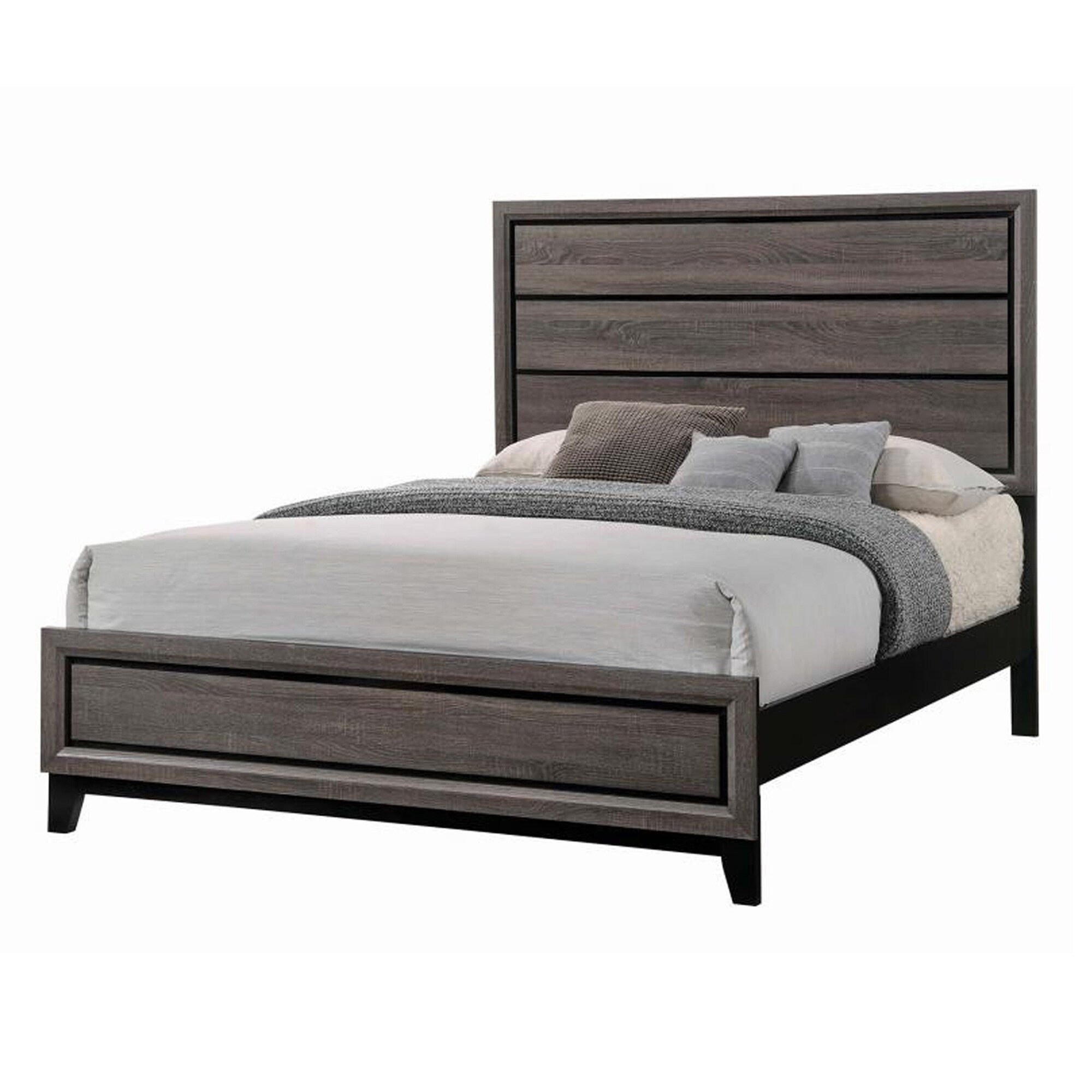 Transitional Wooden Eastern King Bed With Plank Headboard Gray Oak