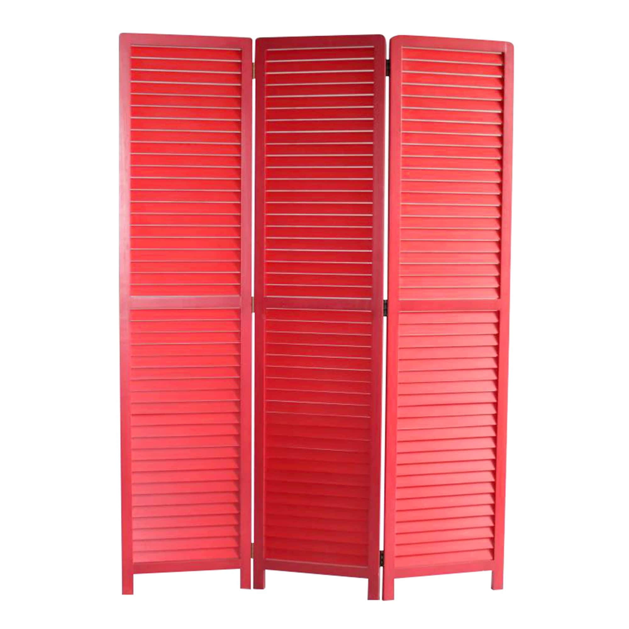 Transitional Wooden Screen With 3 Panels And Shutter Design Red