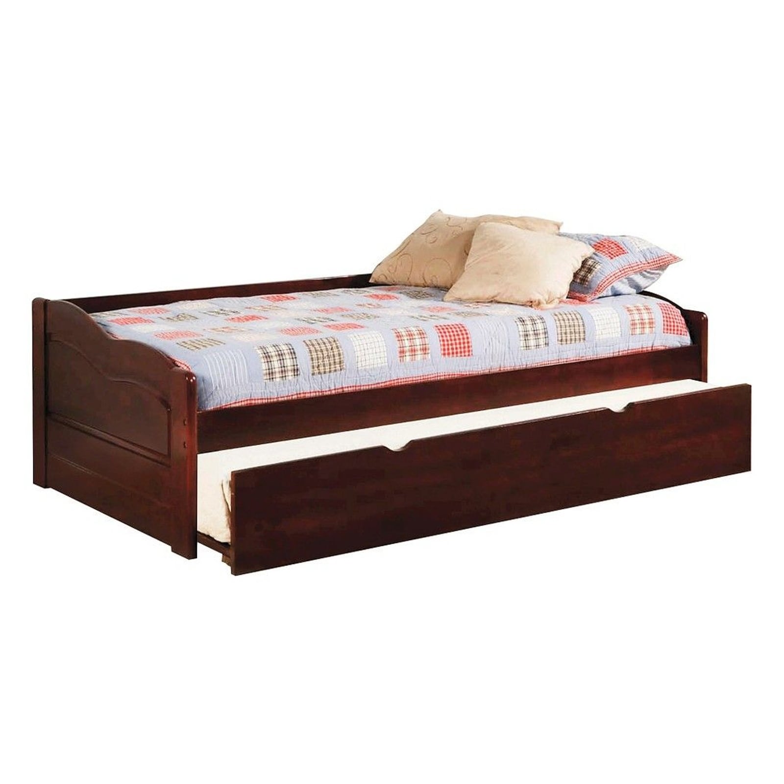 Transitional Wooden Trundle Bed With Bottom Pull Out Bedding Brown