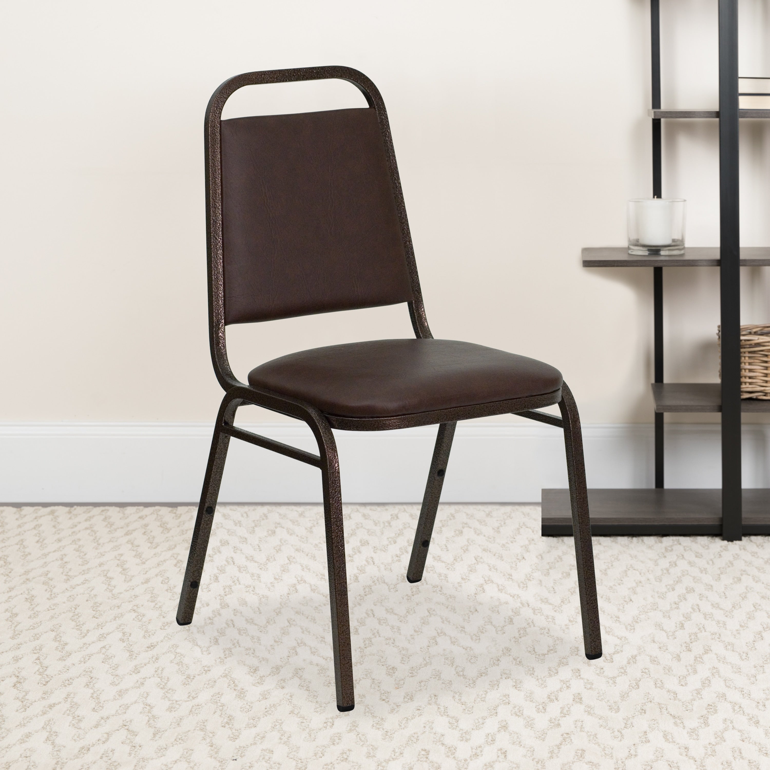 Trapezoidal Back Stacking Banquet Chair In Brown Vinyl Copper Vein Frame