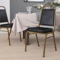 Hercules Series Trapezoidal Back Stacking Banquet Chair With Black Vinyl And 2.5 Inch Thick Seat And Gold Frame