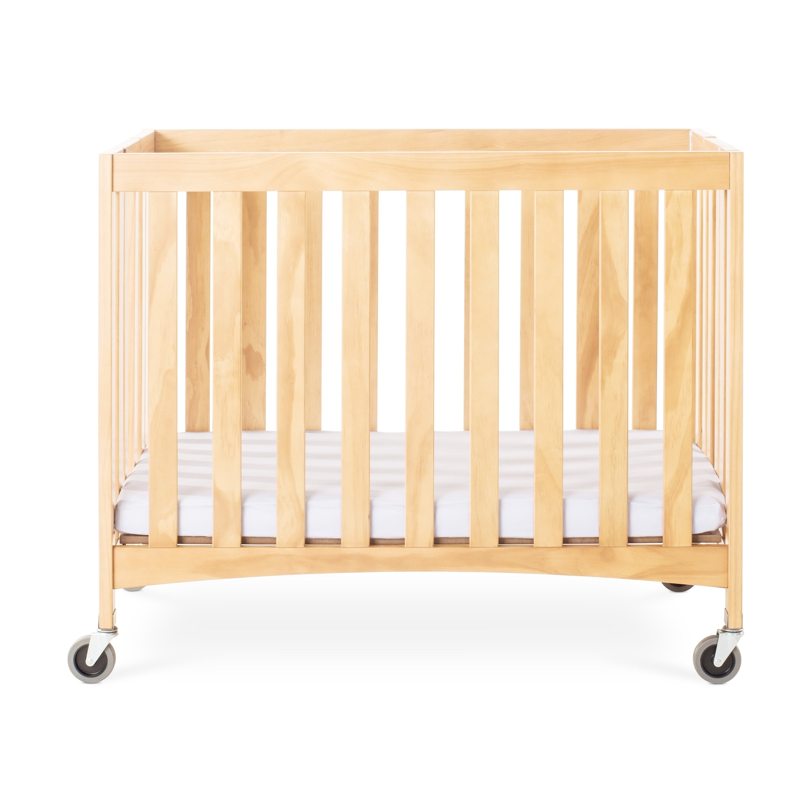 Travel Sleeper Folding Slatted Wood Compact Crib W 2 Foam Mattress And Oversized Casters Natural