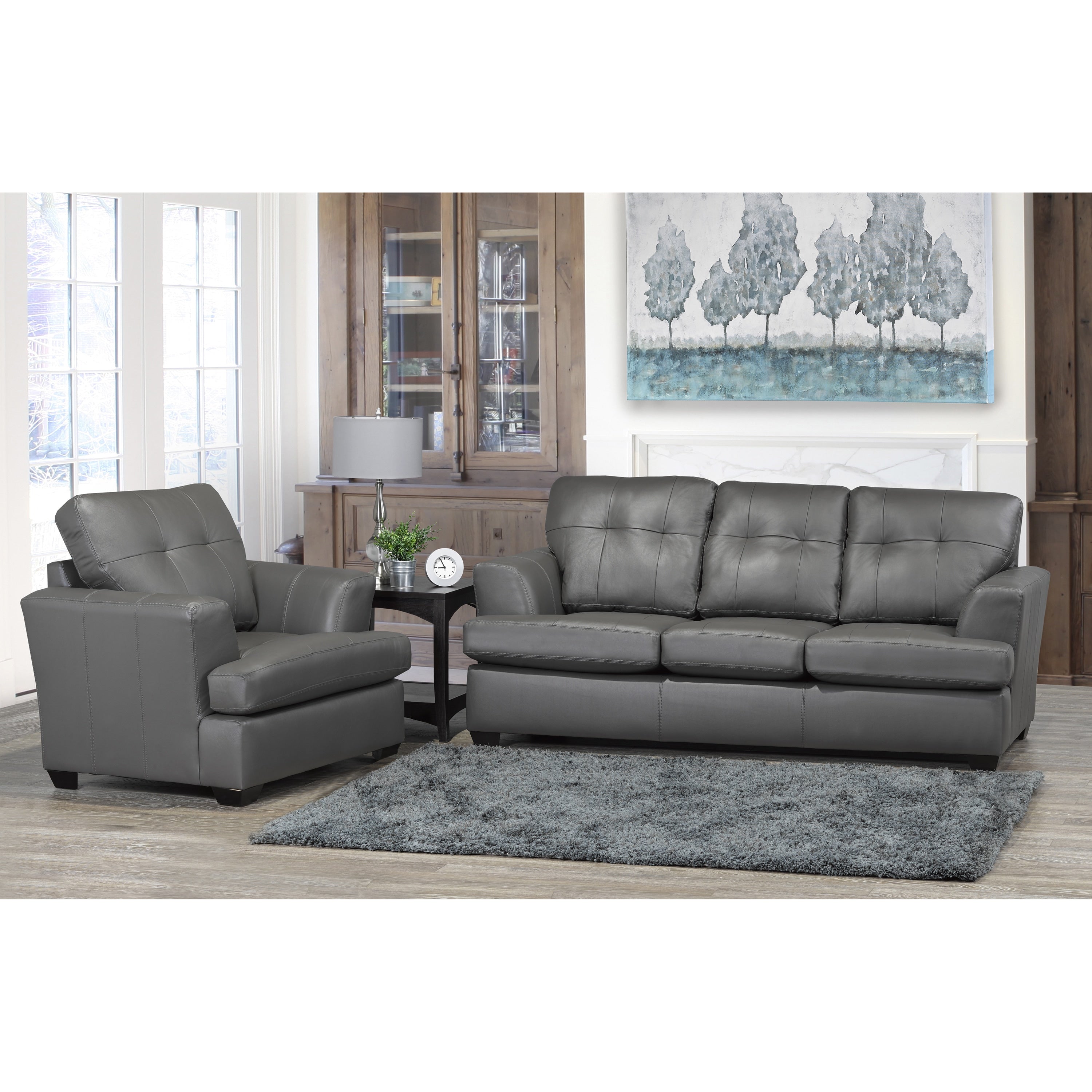 Travis Premium Grey Top Grain Leather Sofa And Chair