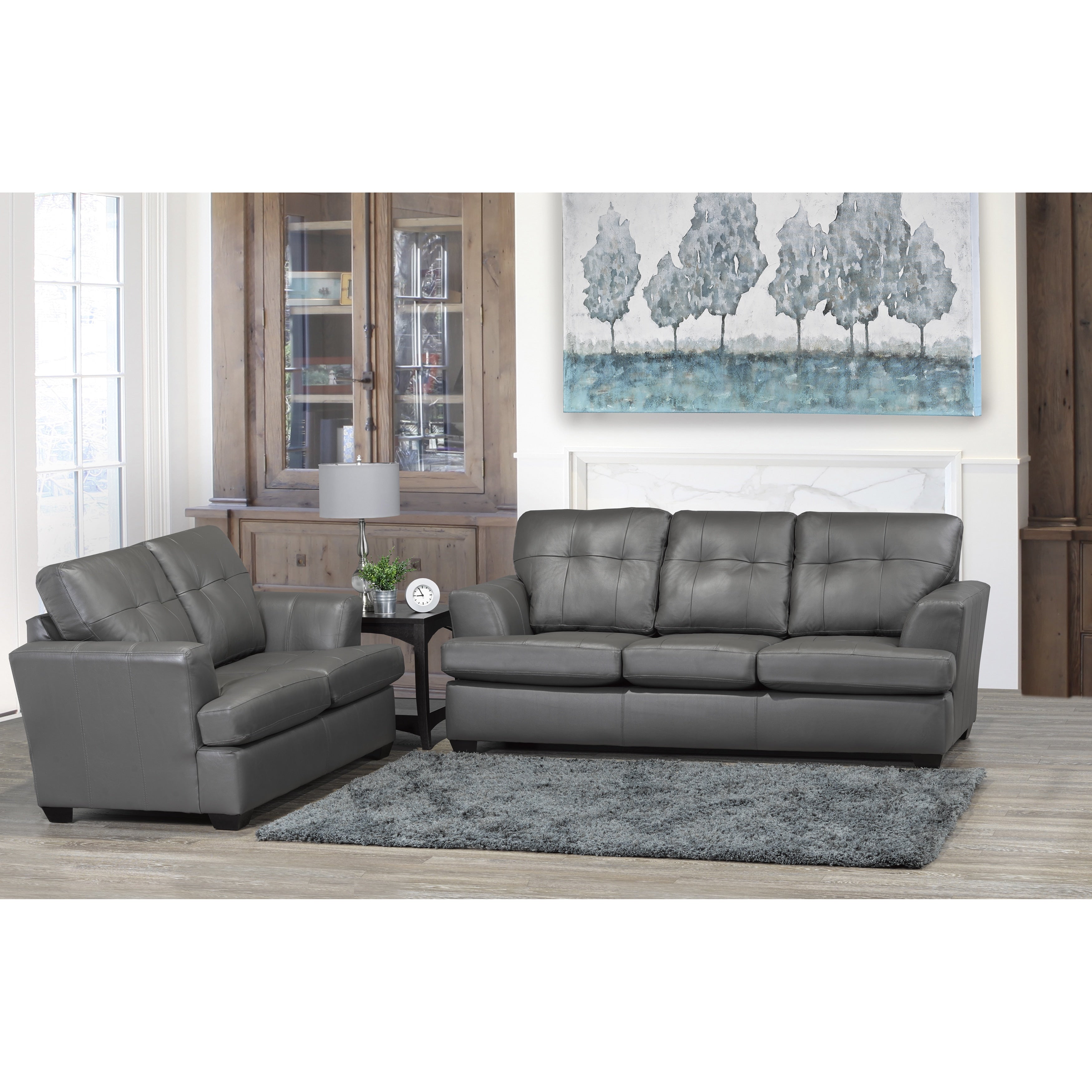 Travis Premium Grey Top Grain Leather Sofa And Loveseat