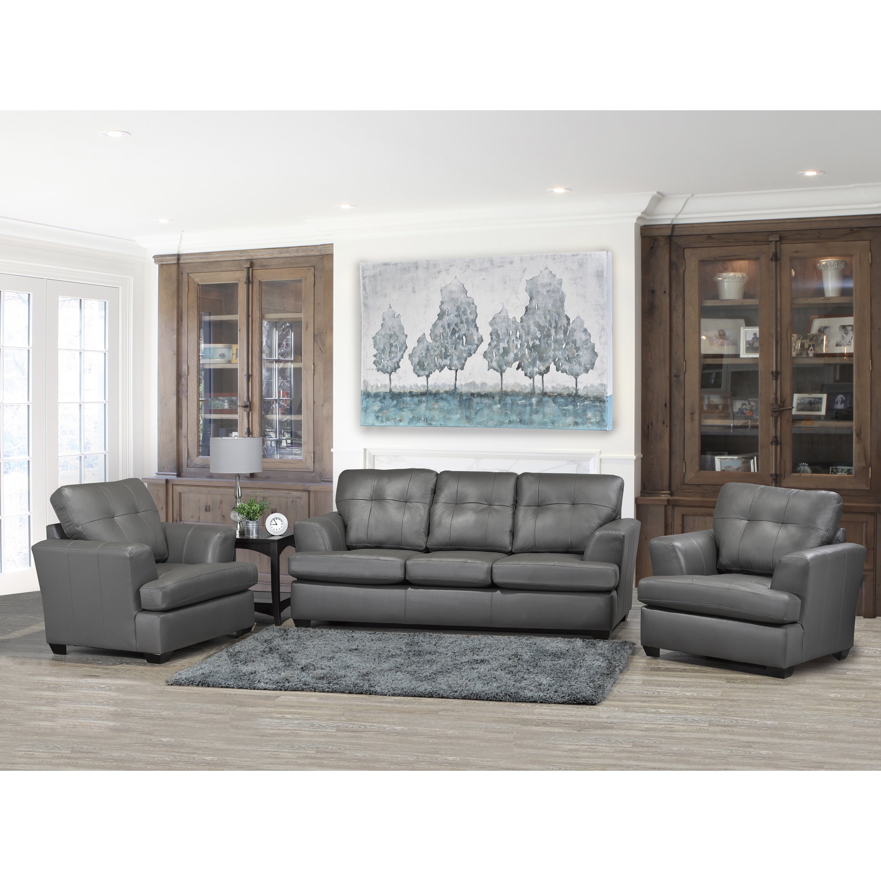 Travis Premium Grey Top Grain Leather Sofa And Two Chairs Set