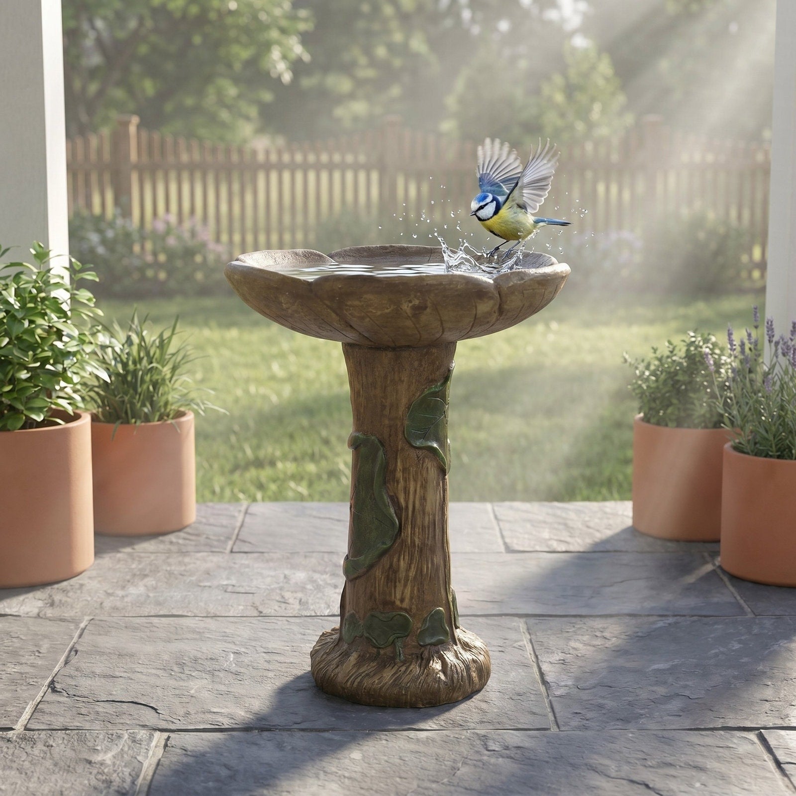 Tree Trunk Design Bird Bath Fibre Reinforced Concrete Outdoor Garden Decor
