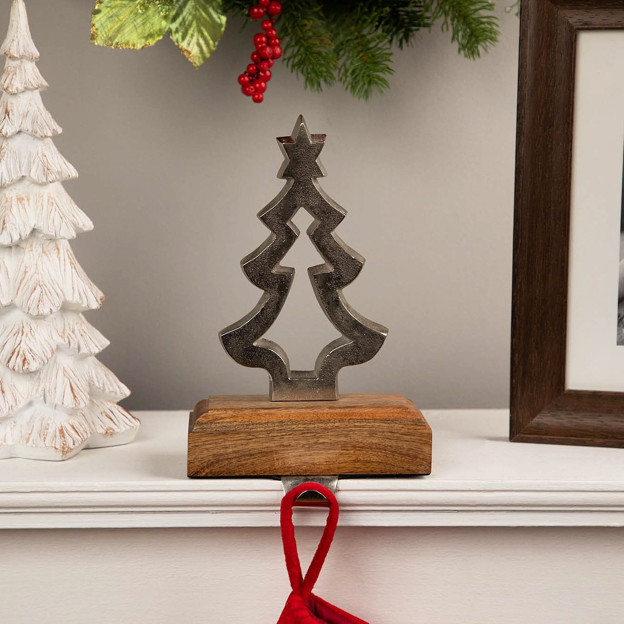 Tree And Star With Mango Wood Christmas Stocking Holder 9 Silver And Brown