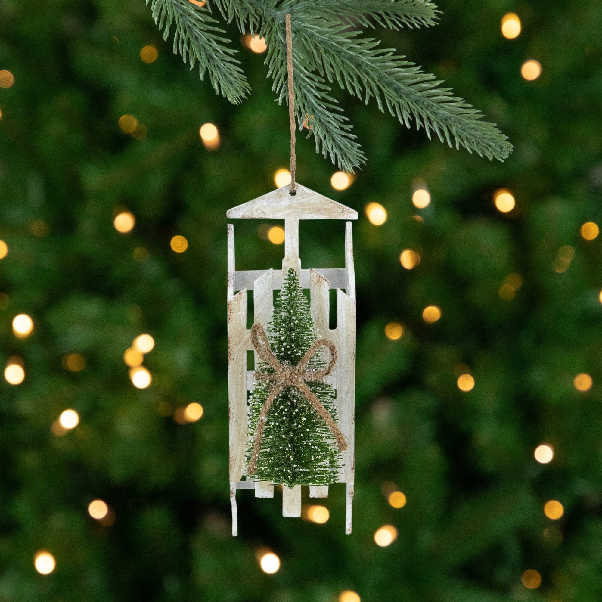 8.75 Christmas Tree On White Wood Sleigh Holiday Ornament