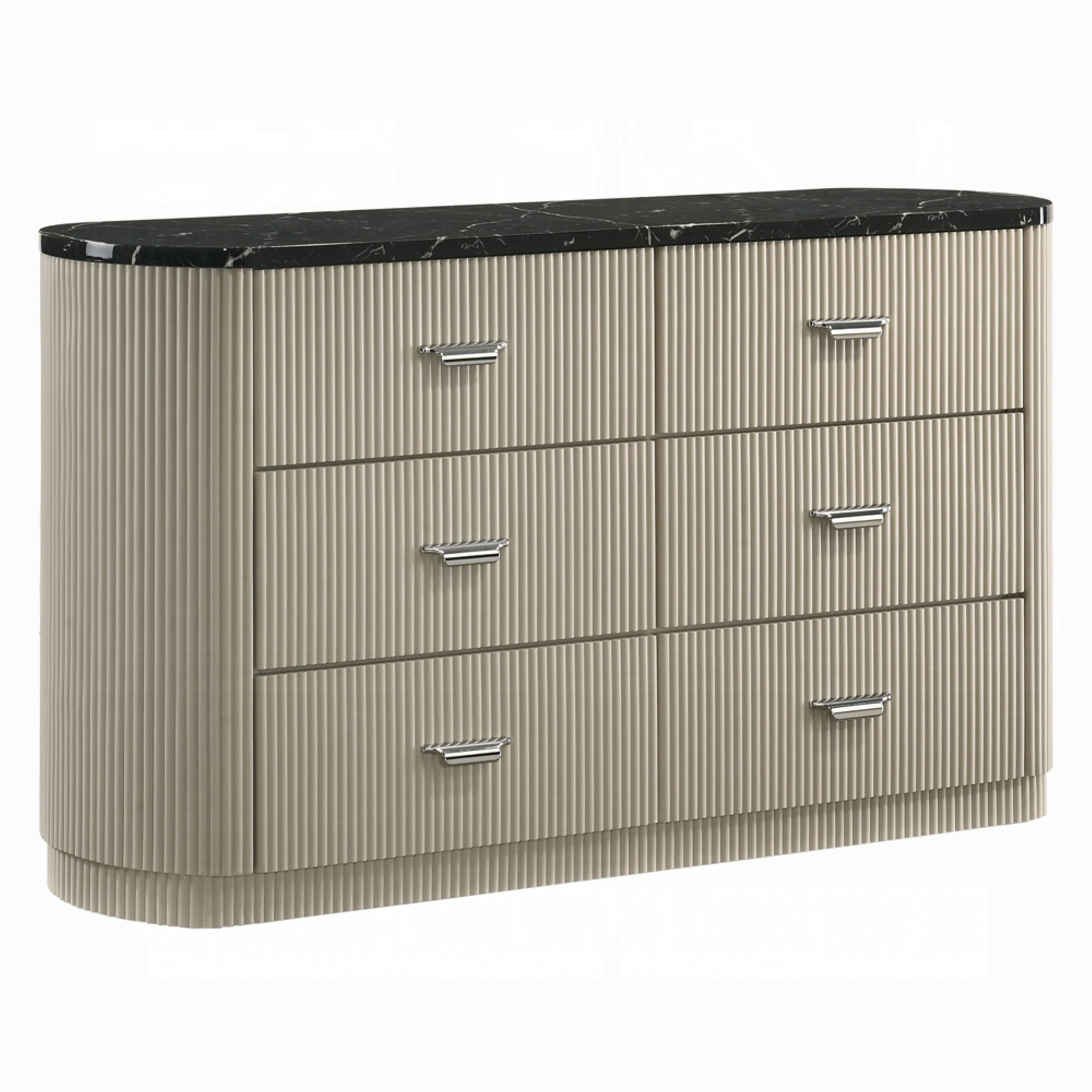Trex Dresser 63 Inch 6 Reeded Drawers With Black Faux Marble Top Beige